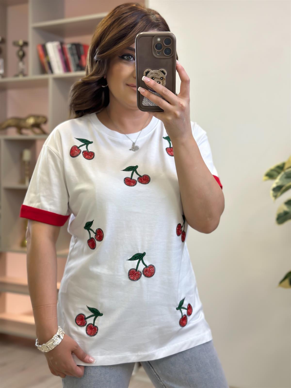 Kiraz Detaylı Tshirt BEYAZ