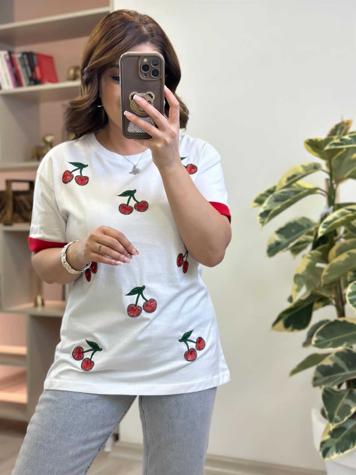 Kiraz Detaylı Tshirt BEYAZ