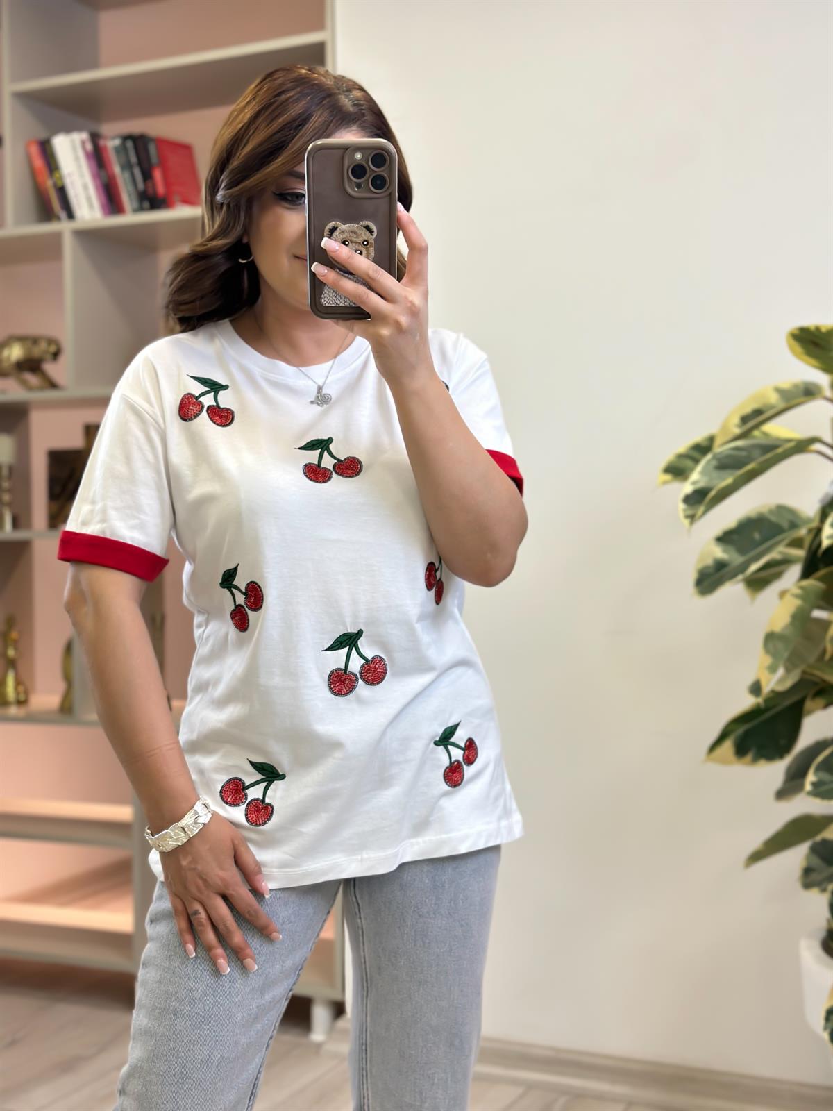 Kiraz Detaylı Tshirt BEYAZ