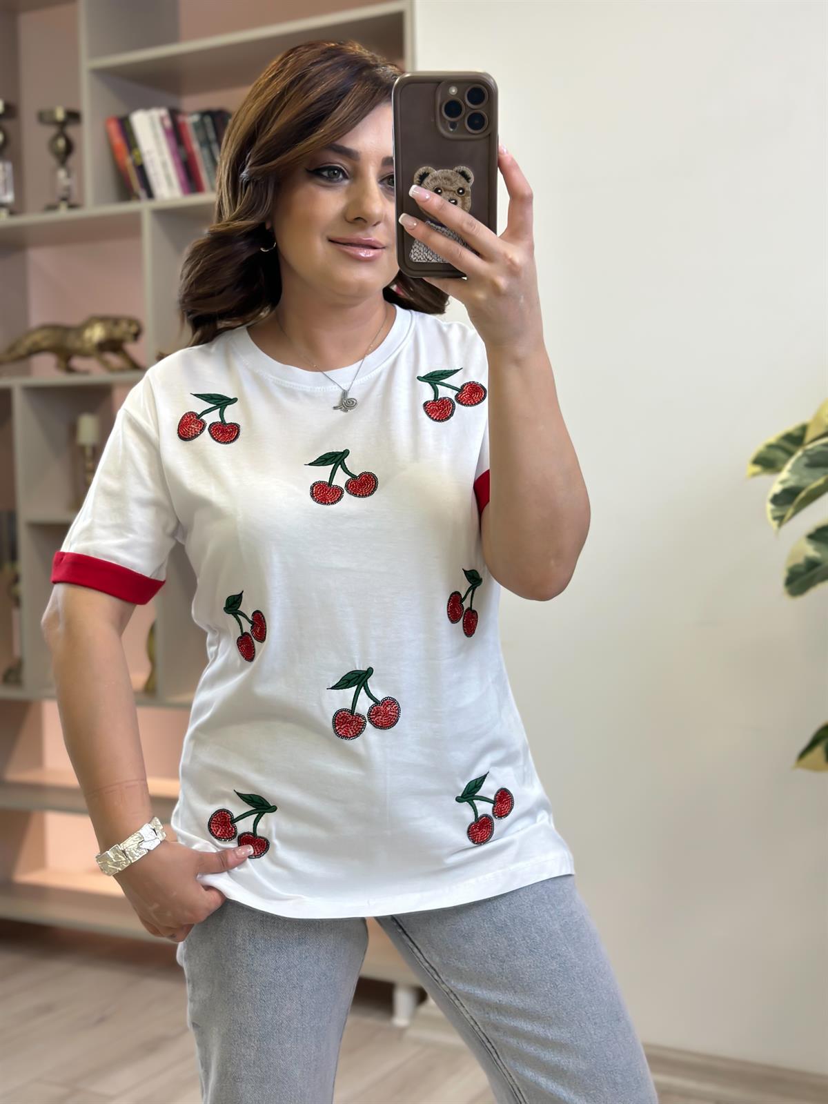 Kiraz Detaylı Tshirt BEYAZ