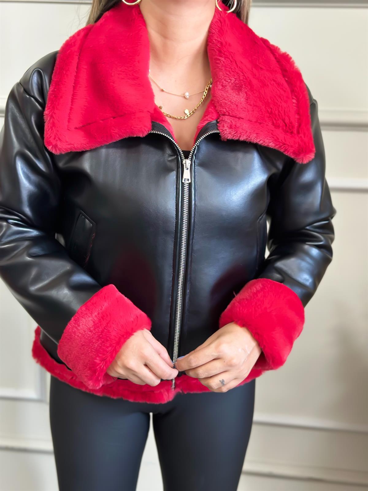 Kırmızı Kürklü Kısa Biker Deri Ceket KIRMIZI