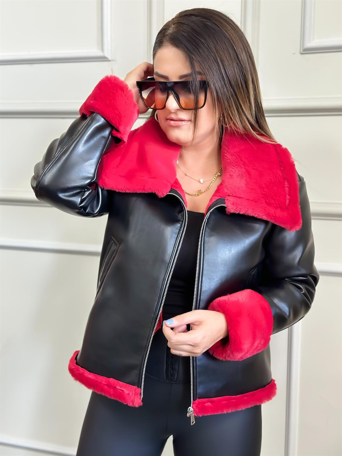 Kırmızı Kürklü Kısa Biker Deri Ceket KIRMIZI