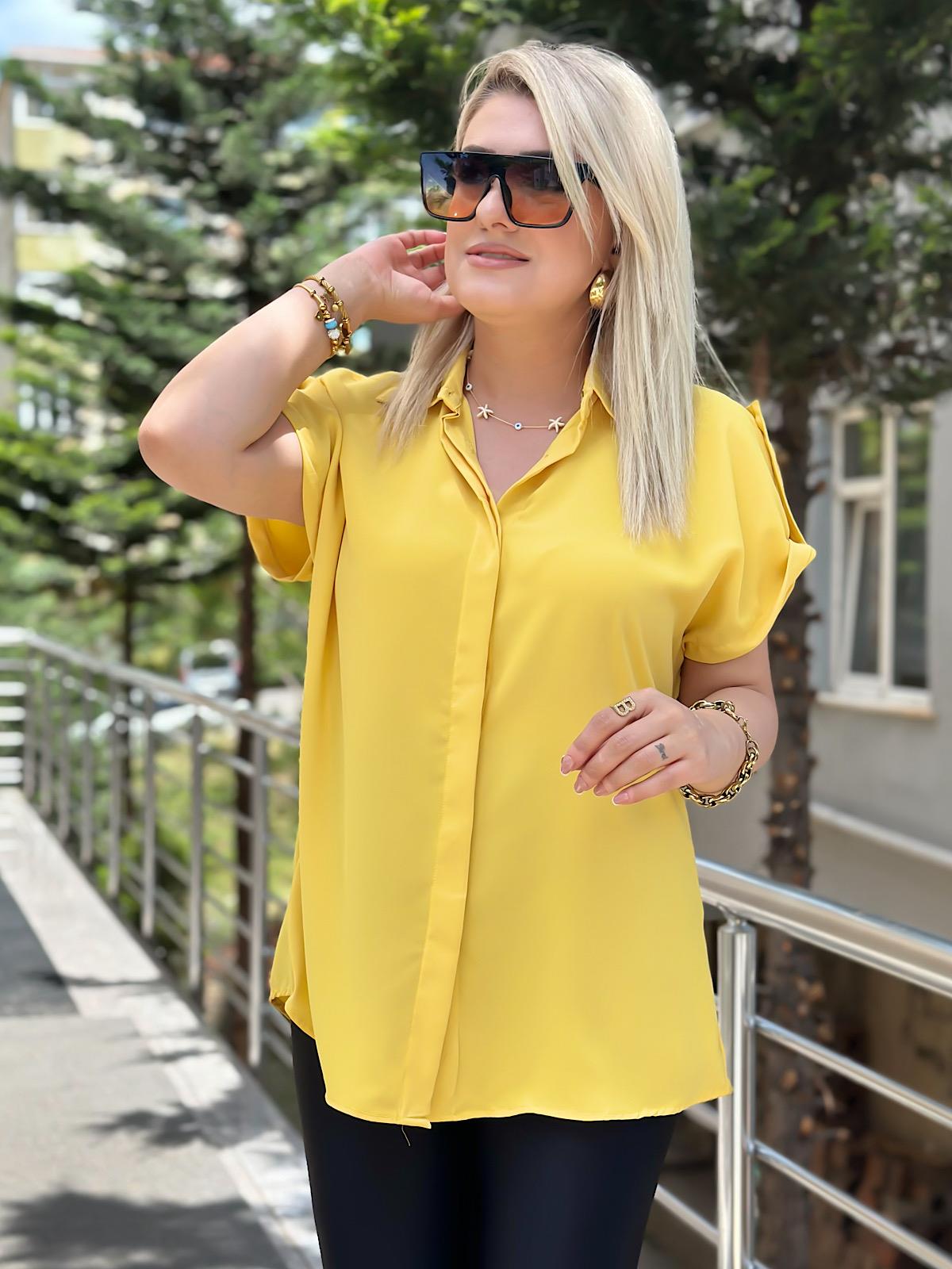 Kısa Kol Pamuk Saten Gömlek Sarı