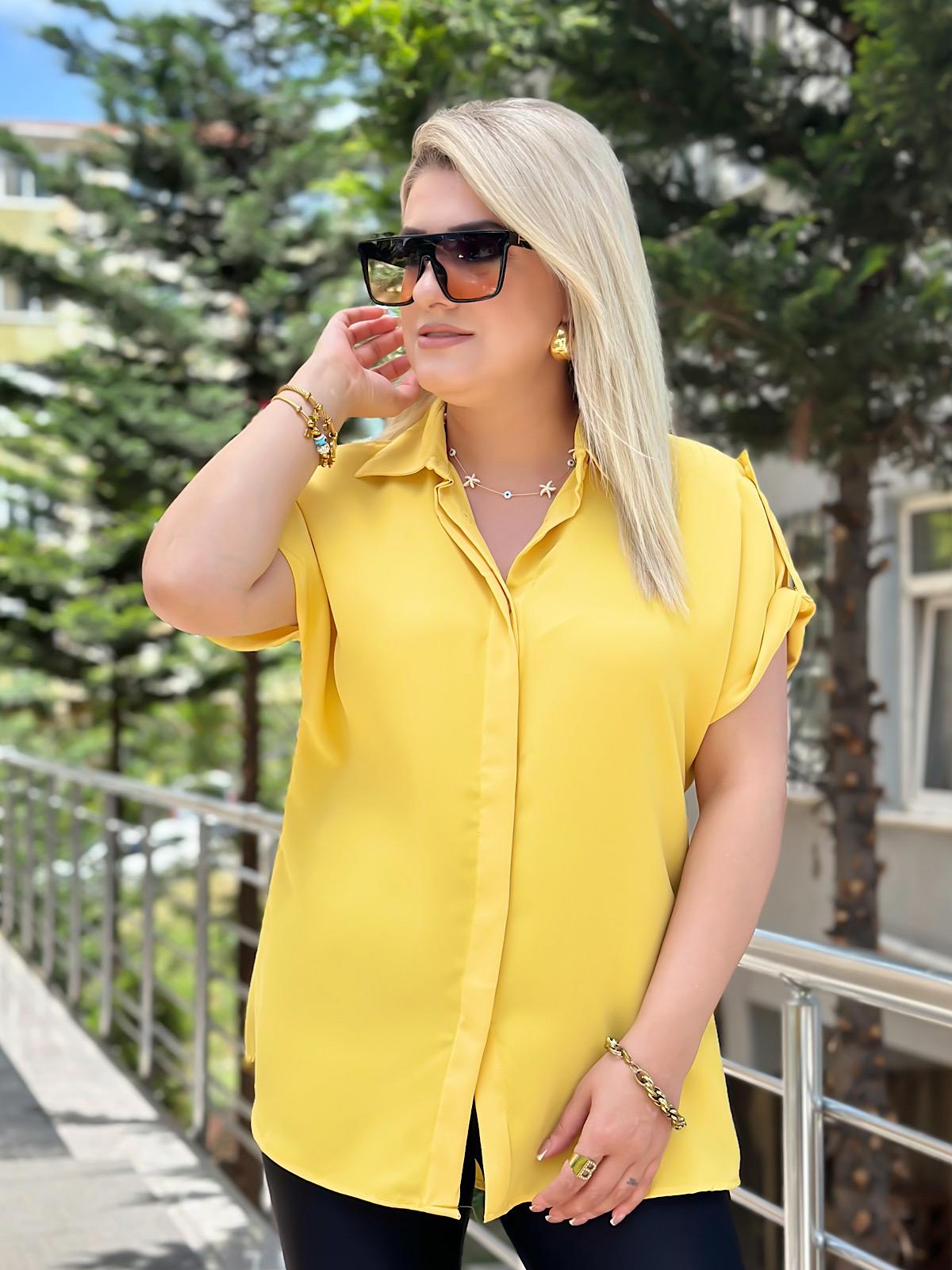 Kısa Kol Pamuk Saten Gömlek Sarı