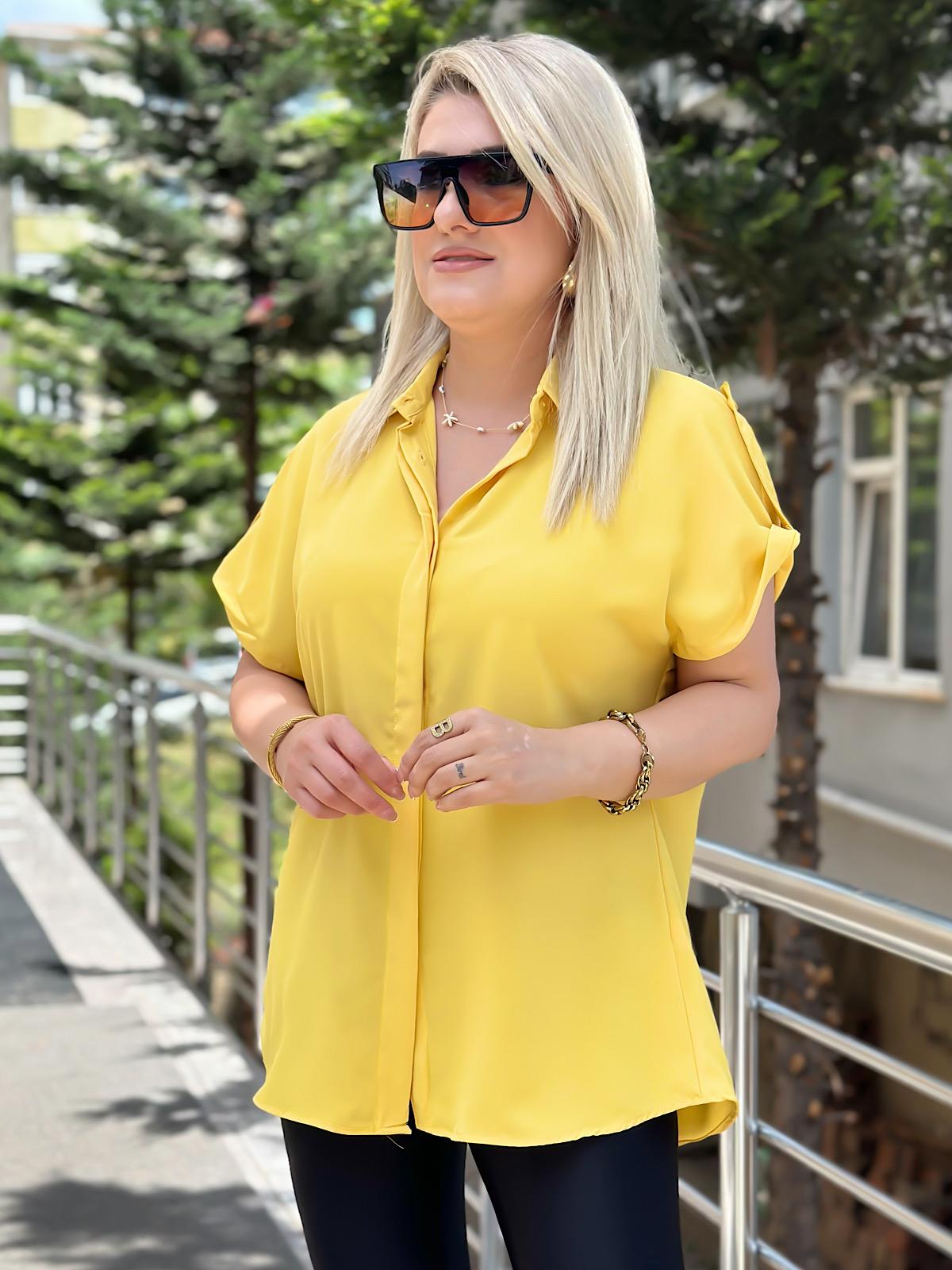 Kısa Kol Pamuk Saten Gömlek Sarı