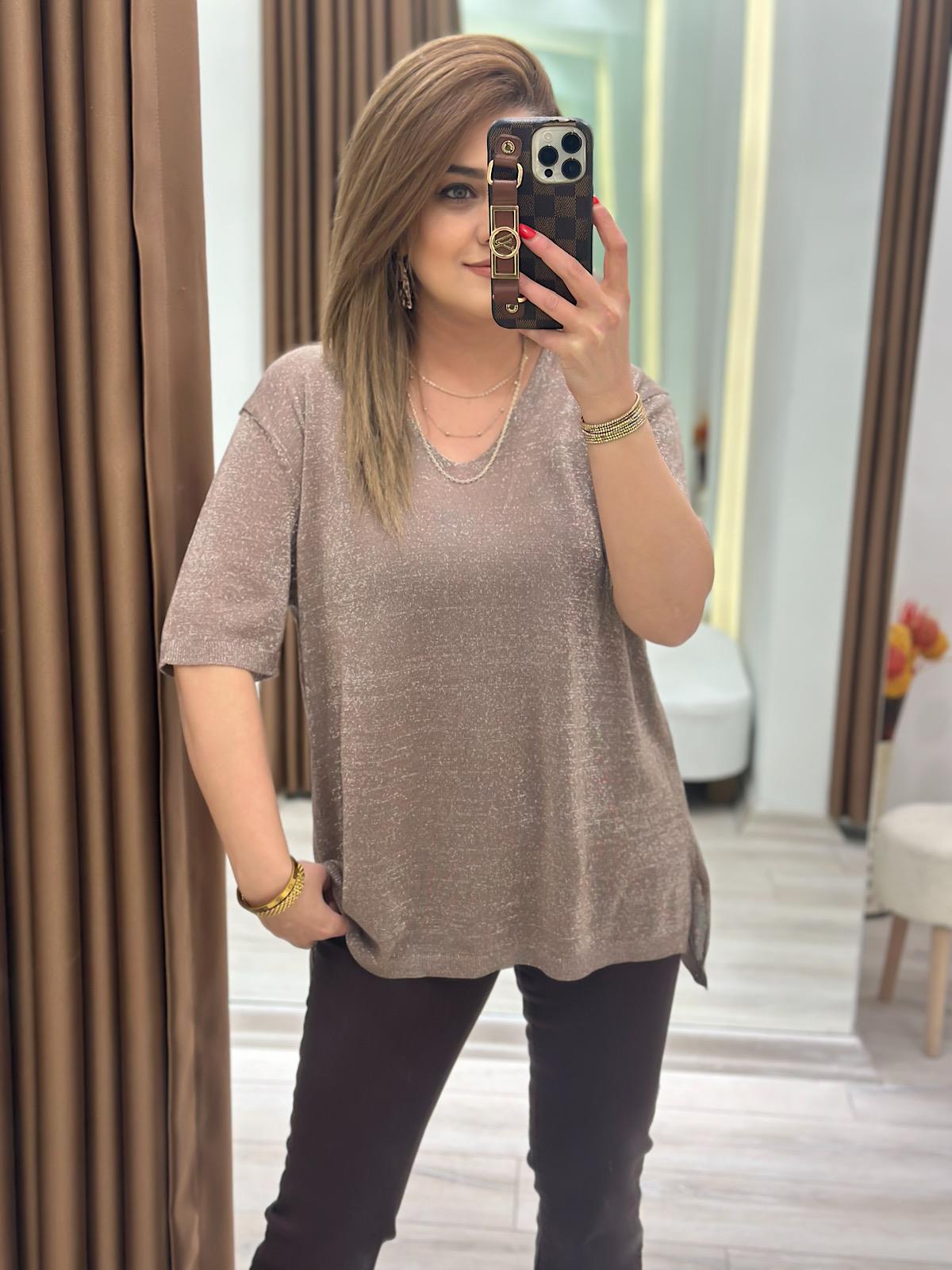 Kısa Kol Simli Merserize Triko VİZON