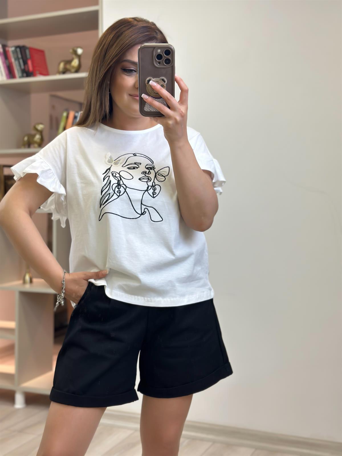 Kız Baskılı Kolları Fırfırlı Tshirt EKRU