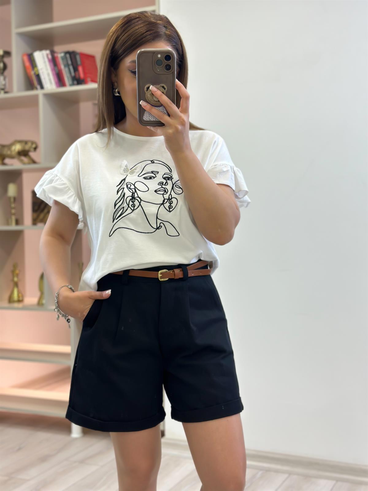 Kız Baskılı Kolları Fırfırlı Tshirt EKRU