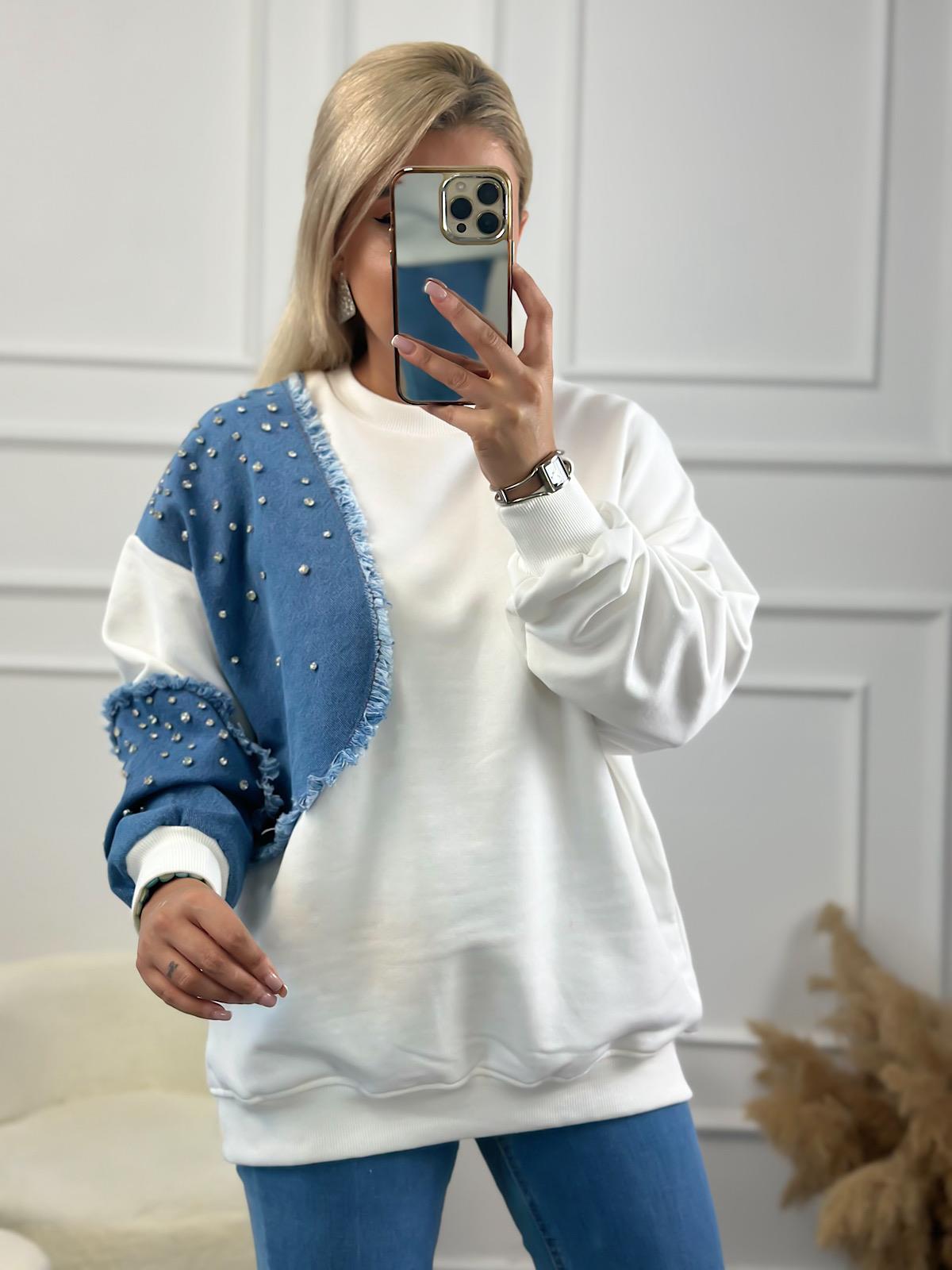 Kol Ve Omuzu Kot Garinli Taş İşlemli Bisiklet Yaka Sweatshirt BEYAZ