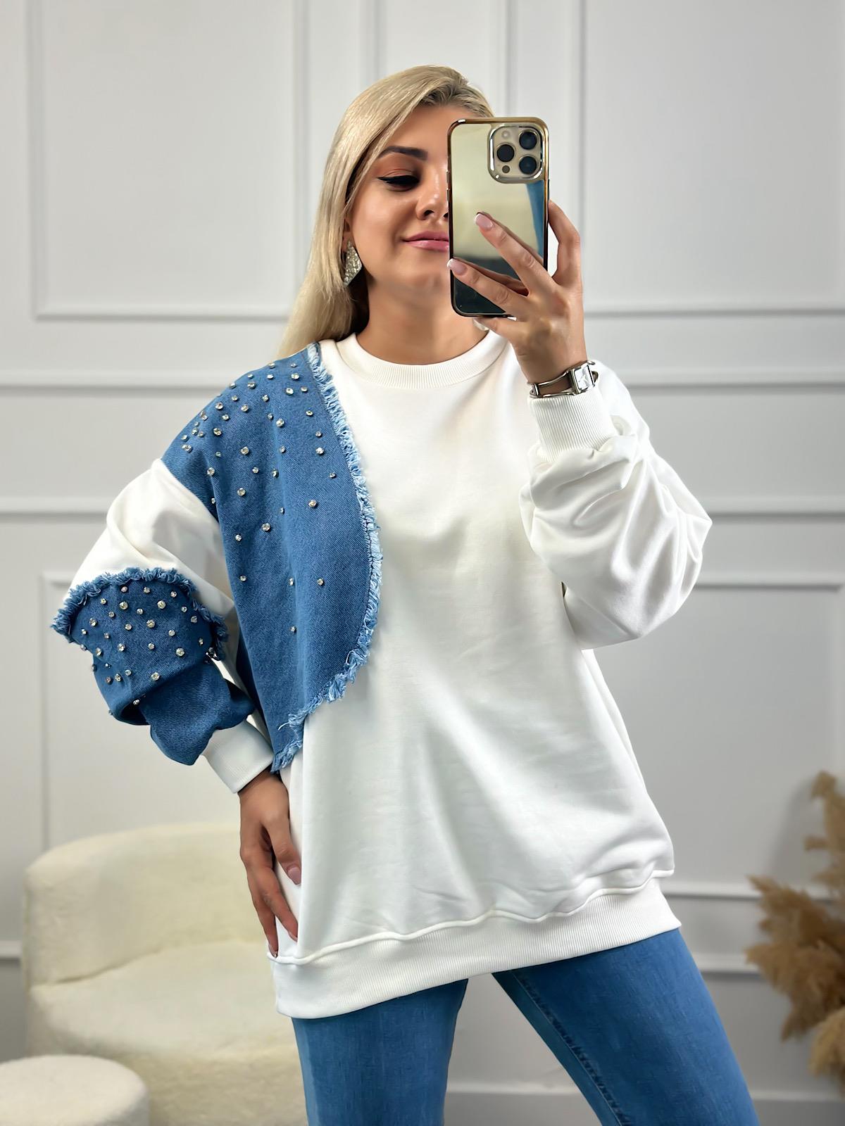 Kol Ve Omuzu Kot Garinli Taş İşlemli Bisiklet Yaka Sweatshirt BEYAZ