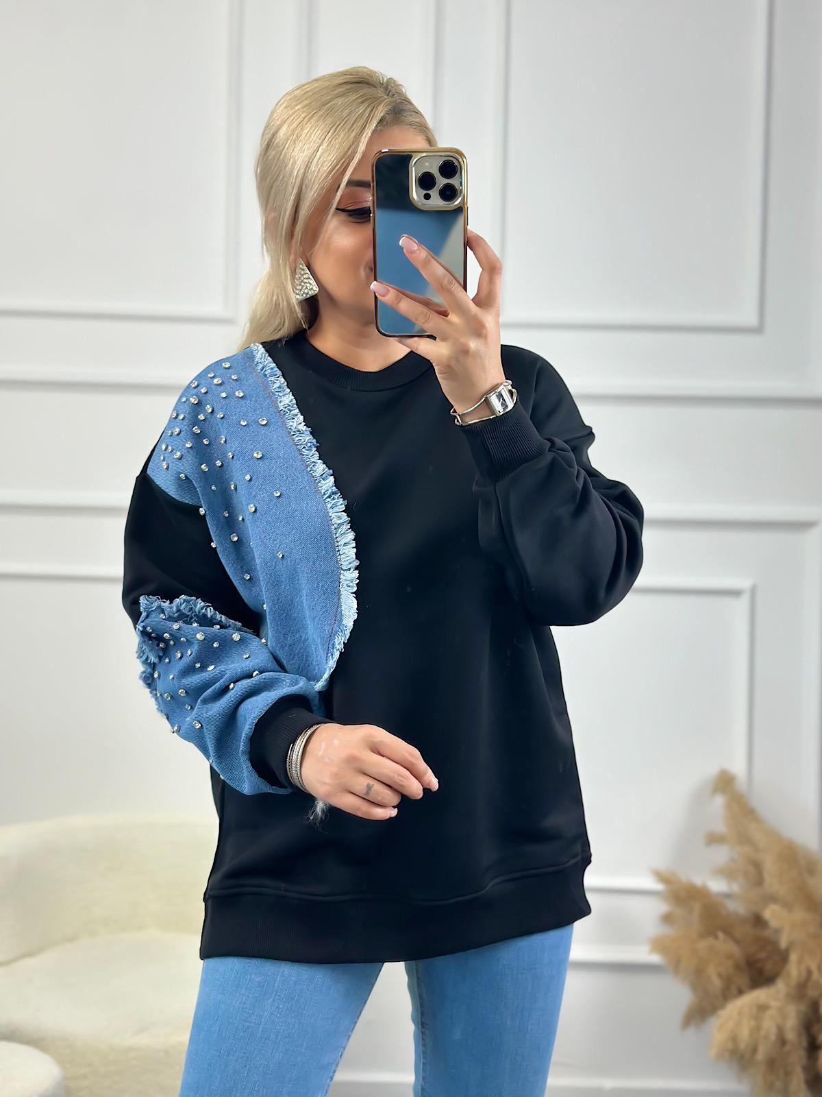 Kol Ve Omuzu Kot Garinli Taş İşlemli Bisiklet Yaka Sweatshirt SİYAH