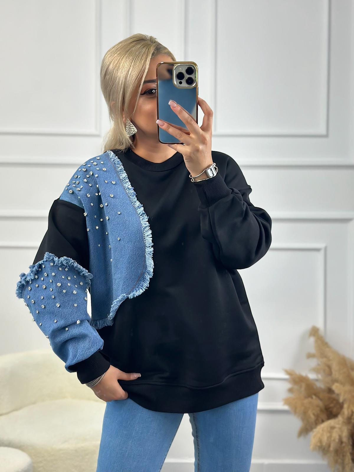 Kol Ve Omuzu Kot Garinli Taş İşlemli Bisiklet Yaka Sweatshirt SİYAH