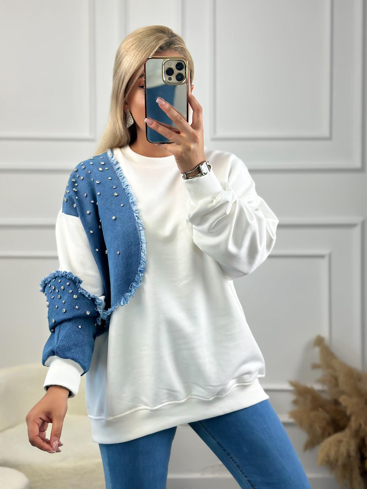 Kol Ve Omuzu Kot Garinli Taş İşlemli Bisiklet Yaka Sweatshirt BEYAZ