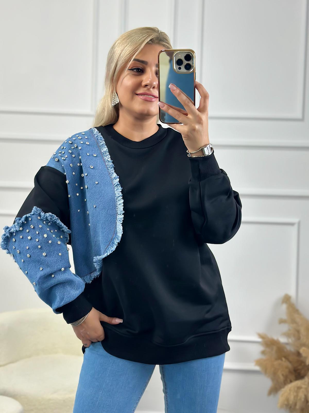 Kol Ve Omuzu Kot Garinli Taş İşlemli Bisiklet Yaka Sweatshirt SİYAH