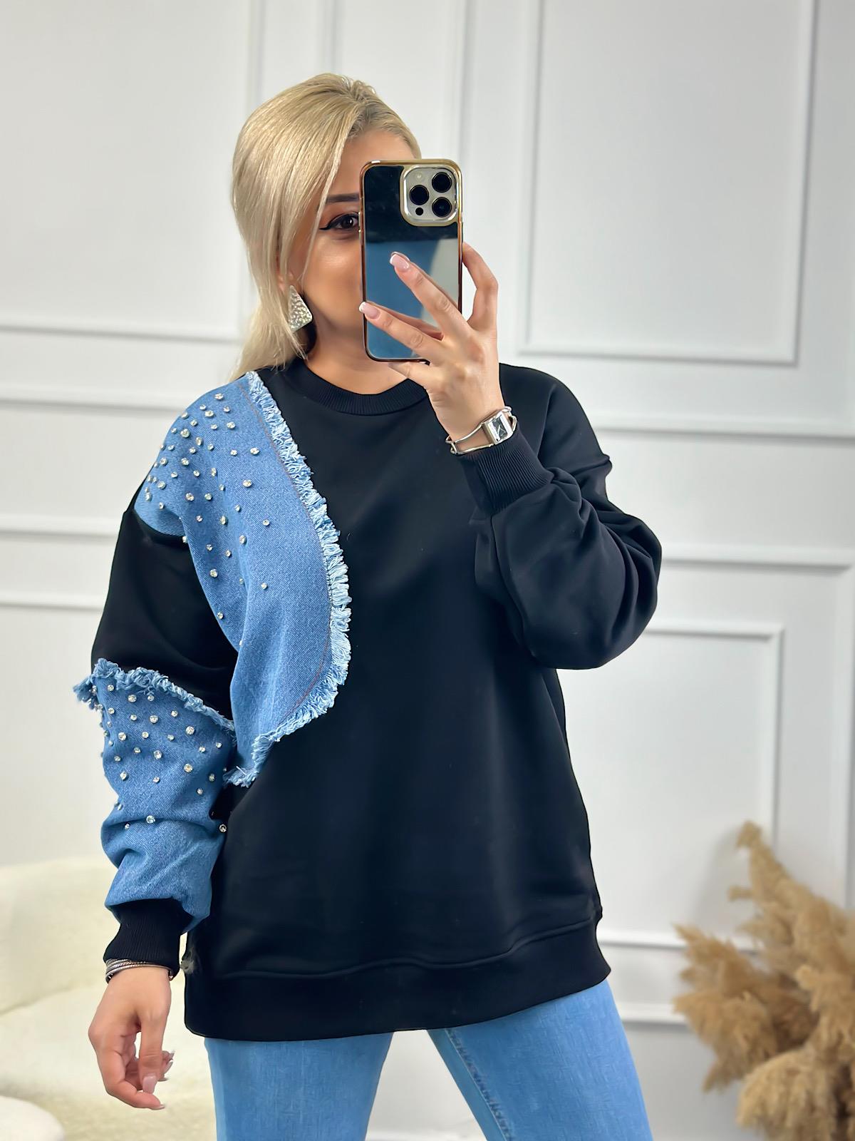 Kol Ve Omuzu Kot Garinli Taş İşlemli Bisiklet Yaka Sweatshirt SİYAH