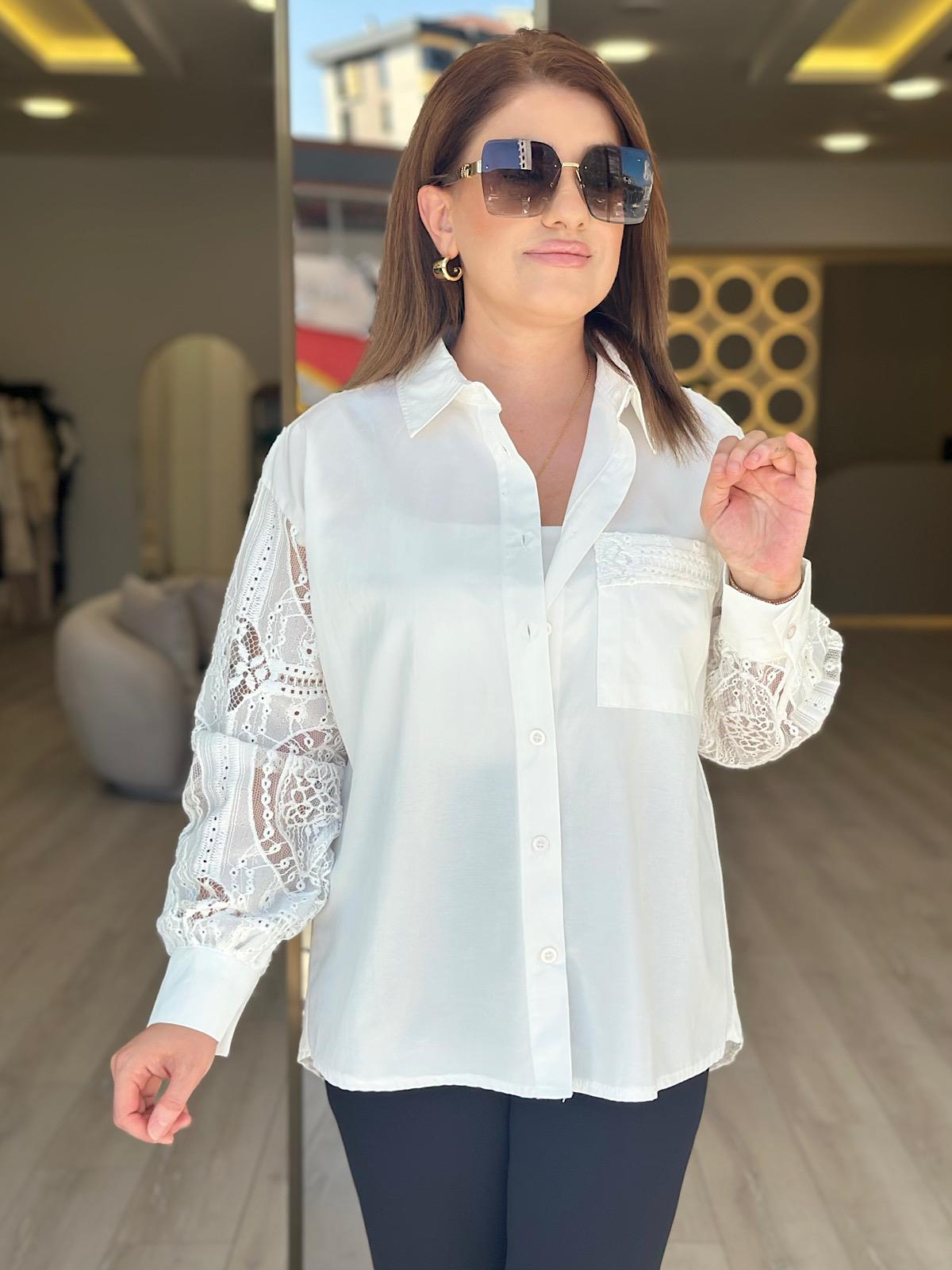 Kolları Dantel Tasarım Gömlek EKRU