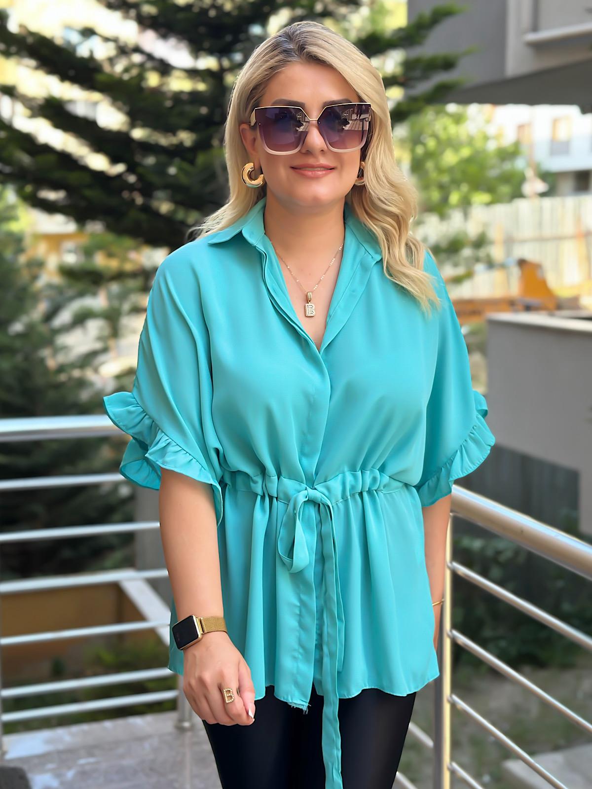Kolları Fırfırlı Belden Büzgü Detaylı Gömlek Bluz MAVİ