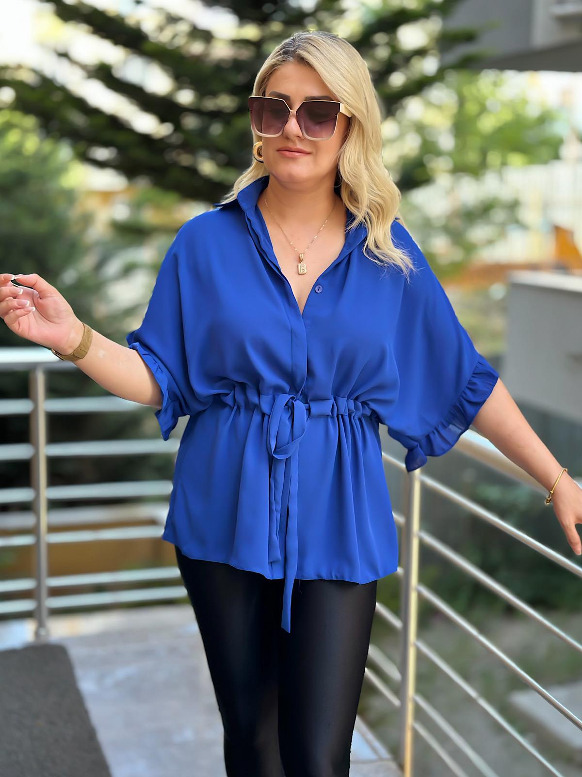 Kolları Fırfırlı Belden Büzgü Detaylı Gömlek Bluz SAKS