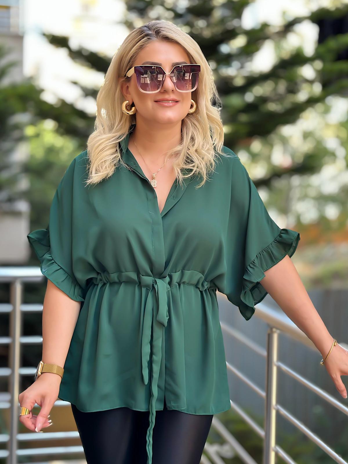 Kolları Fırfırlı Belden Büzgü Detaylı Gömlek Bluz HAKİ