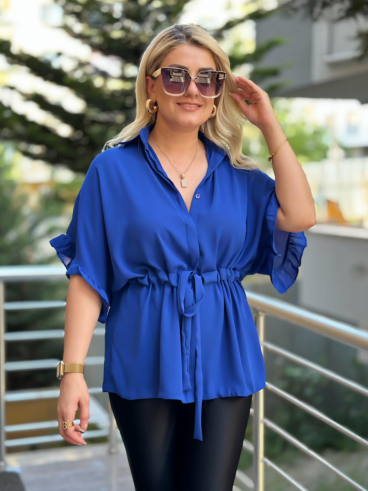 Kolları Fırfırlı Belden Büzgü Detaylı Gömlek Bluz SAKS
