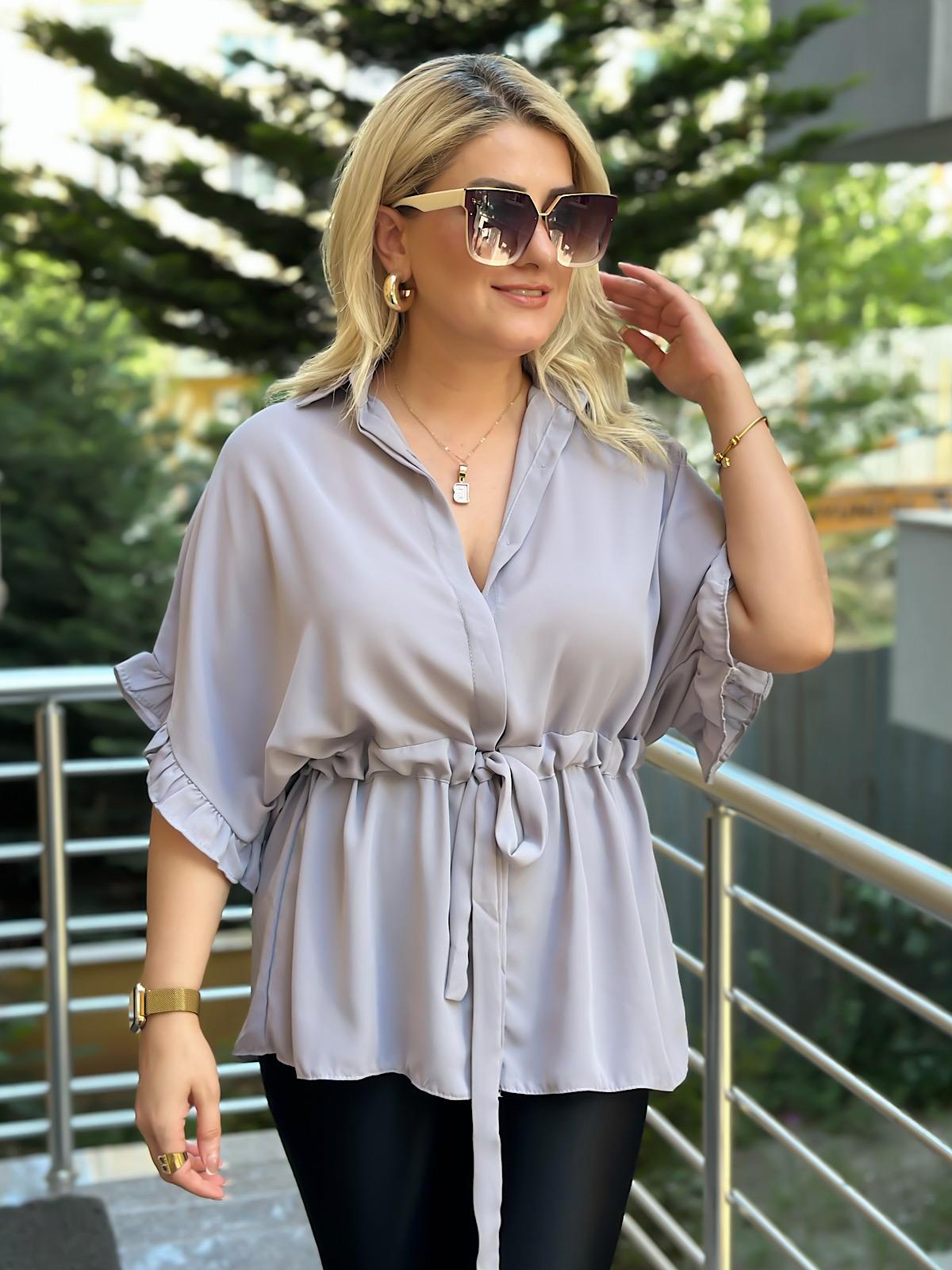 Kolları Fırfırlı Belden Büzgü Detaylı Gömlek Bluz GRİ