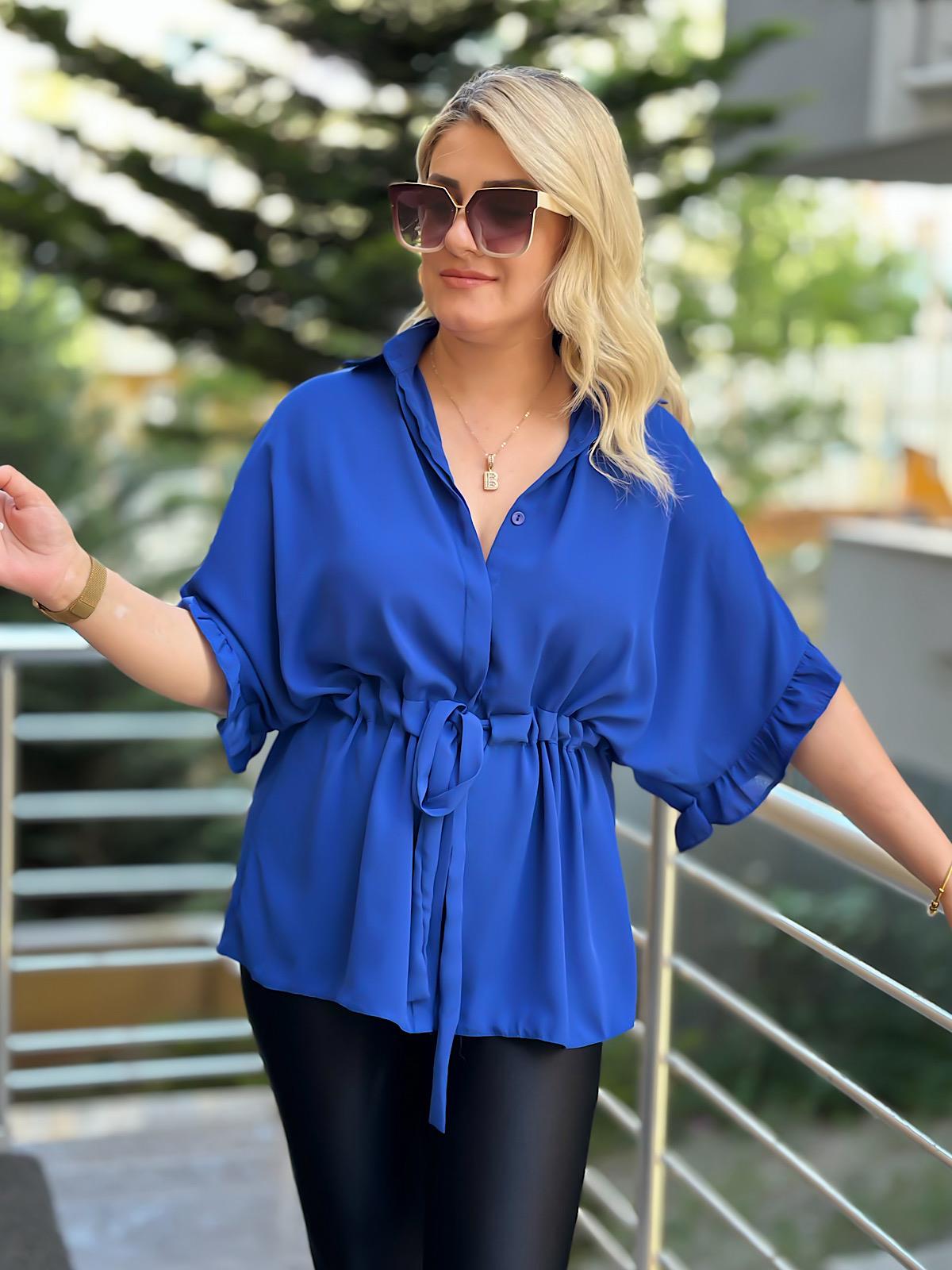 Kolları Fırfırlı Belden Büzgü Detaylı Gömlek Bluz SAKS