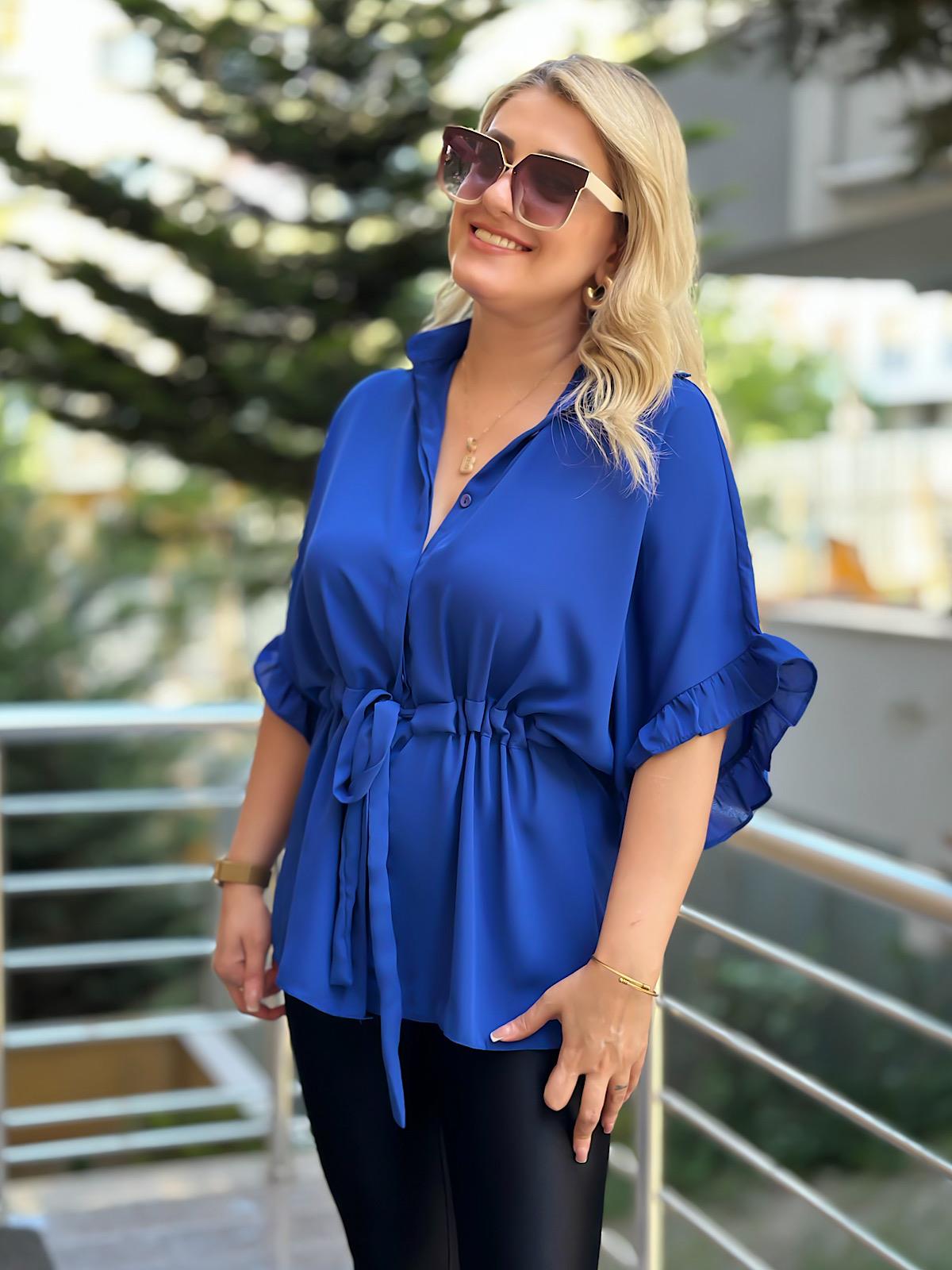 Kolları Fırfırlı Belden Büzgü Detaylı Gömlek Bluz SAKS