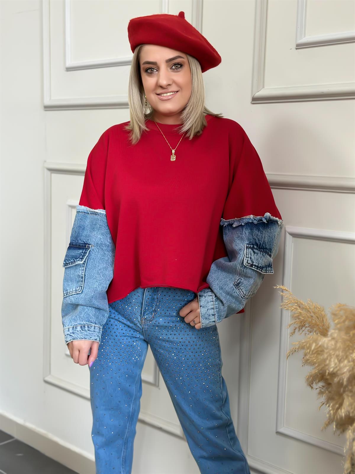Kolları Kot Detaylı Sweatshirt KIRMIZI