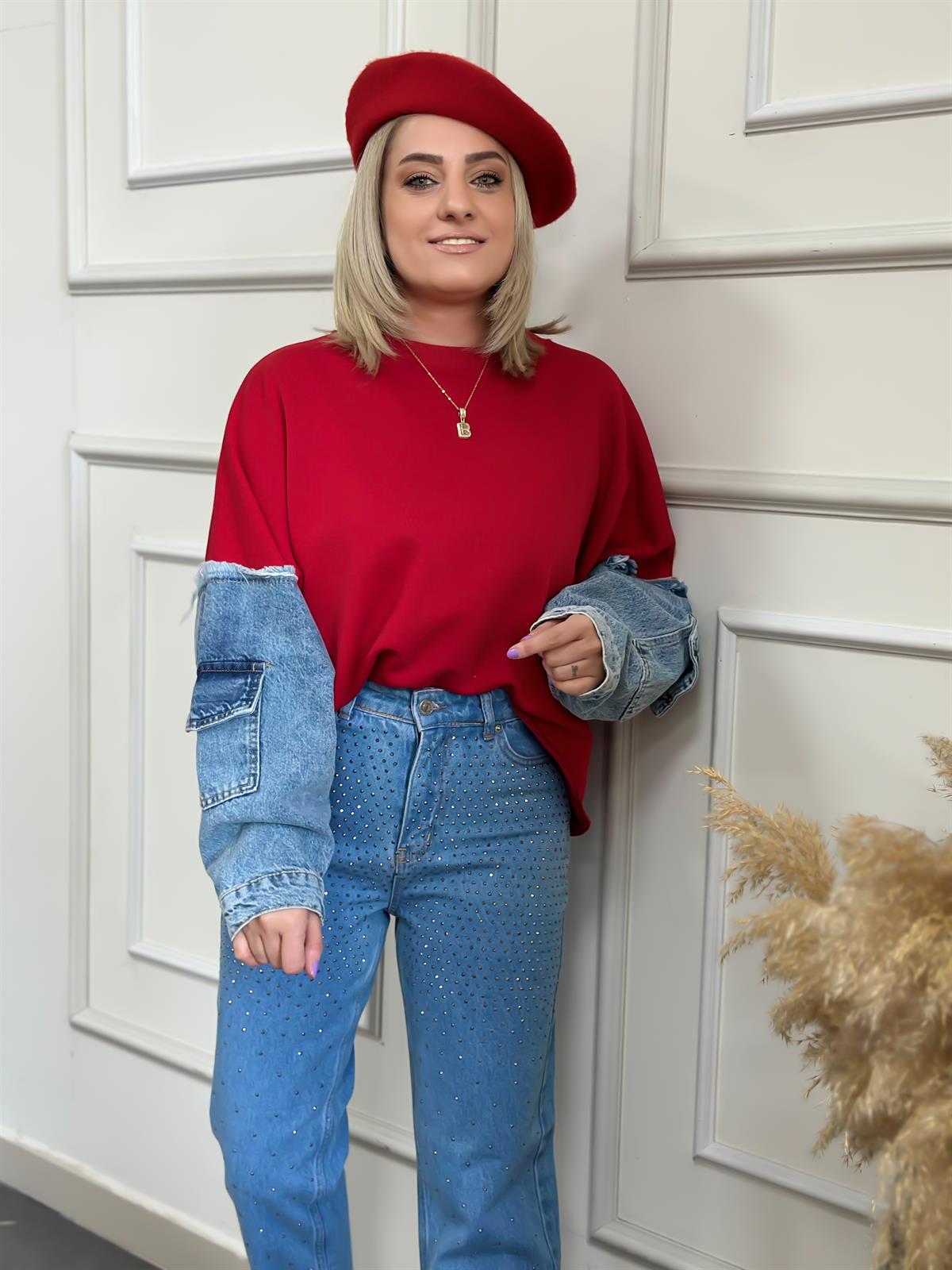 Kolları Kot Detaylı Sweatshirt KIRMIZI