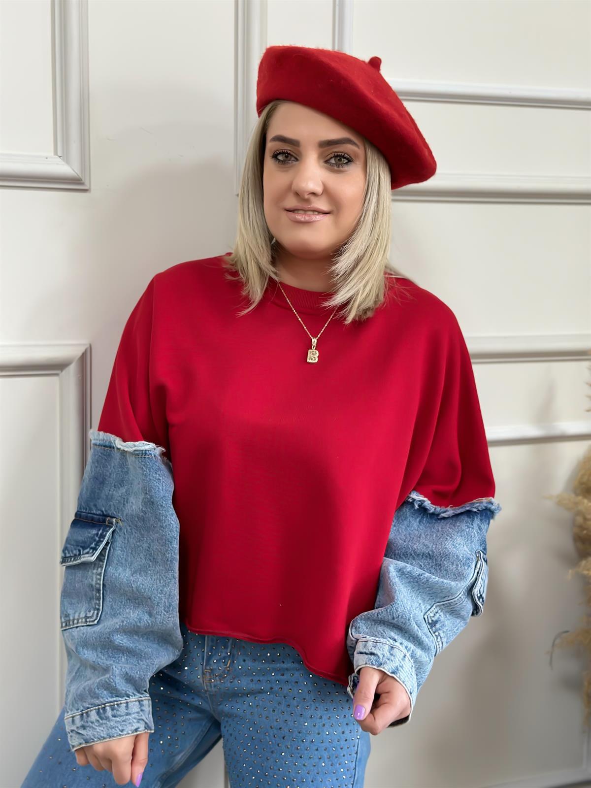 Kolları Kot Detaylı Sweatshirt KIRMIZI