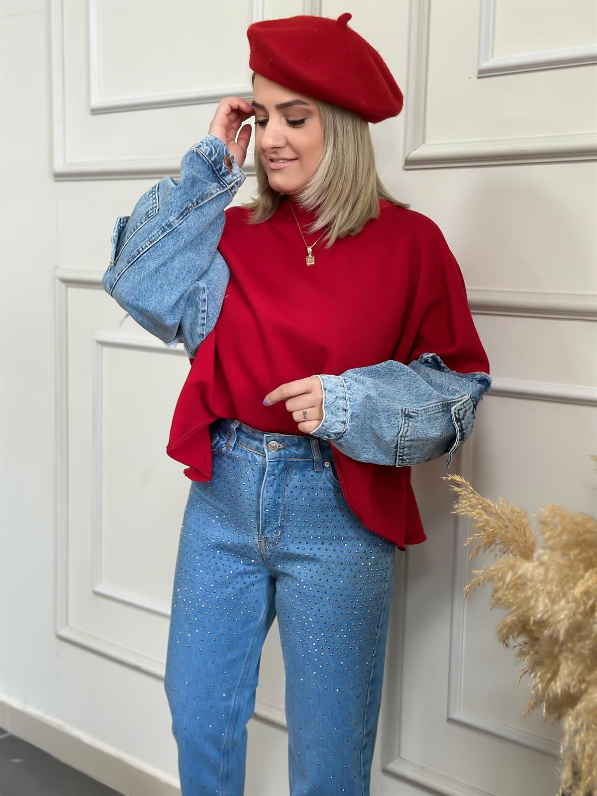 Kolları Kot Detaylı Sweatshirt KIRMIZI