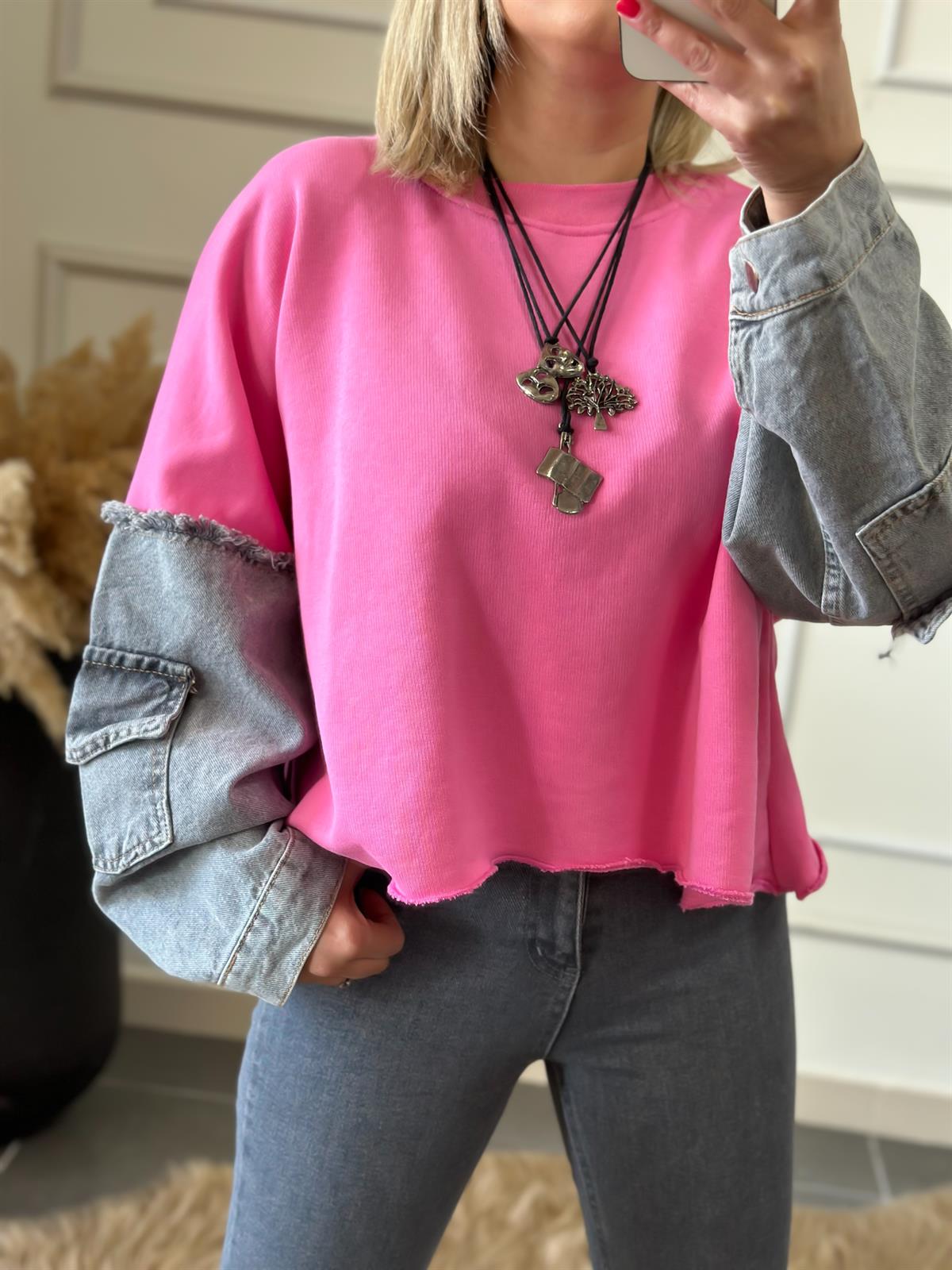Kolları Kot Detaylı Sweatshirt PEMBE