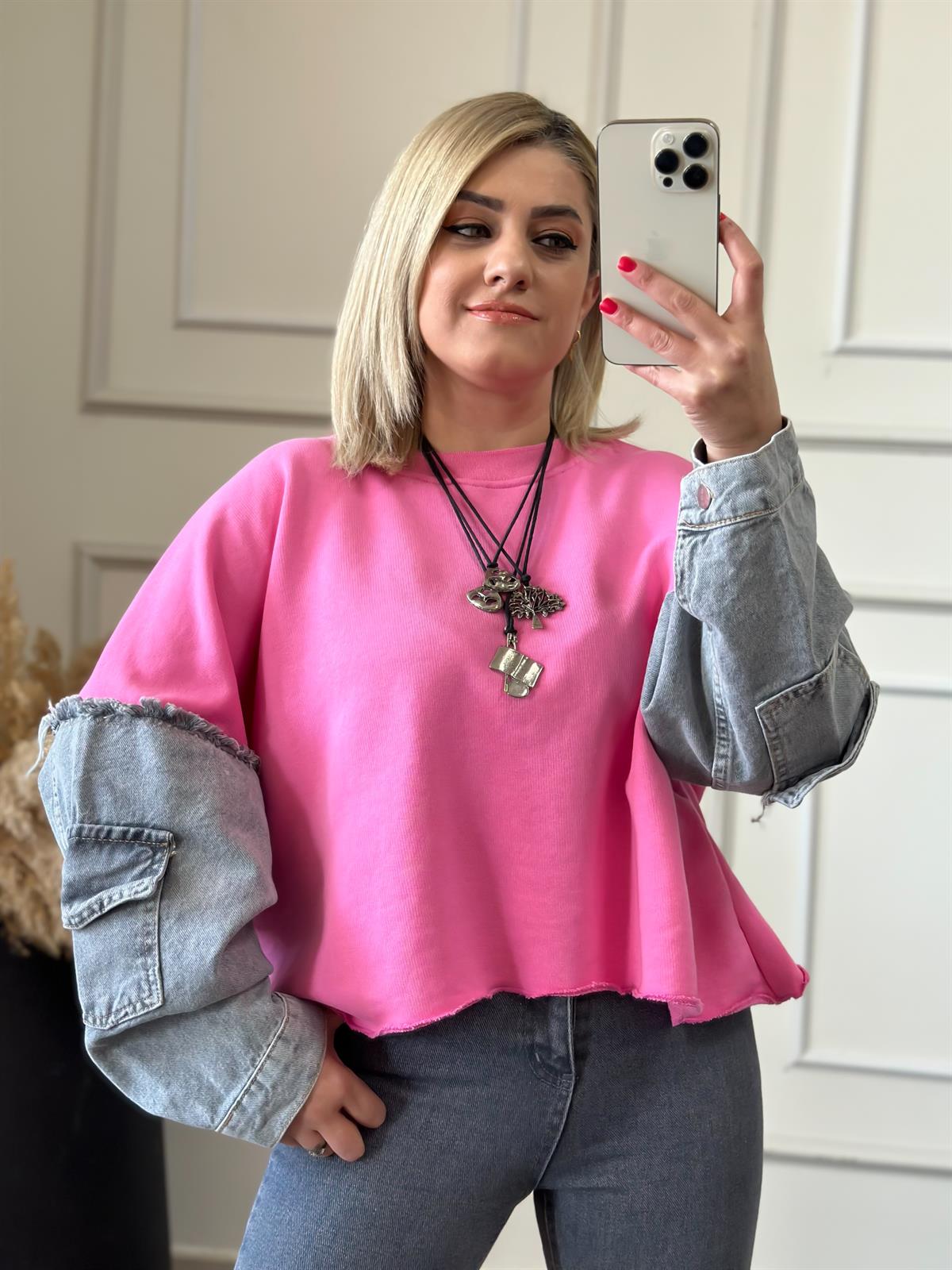 Kolları Kot Detaylı Sweatshirt PEMBE