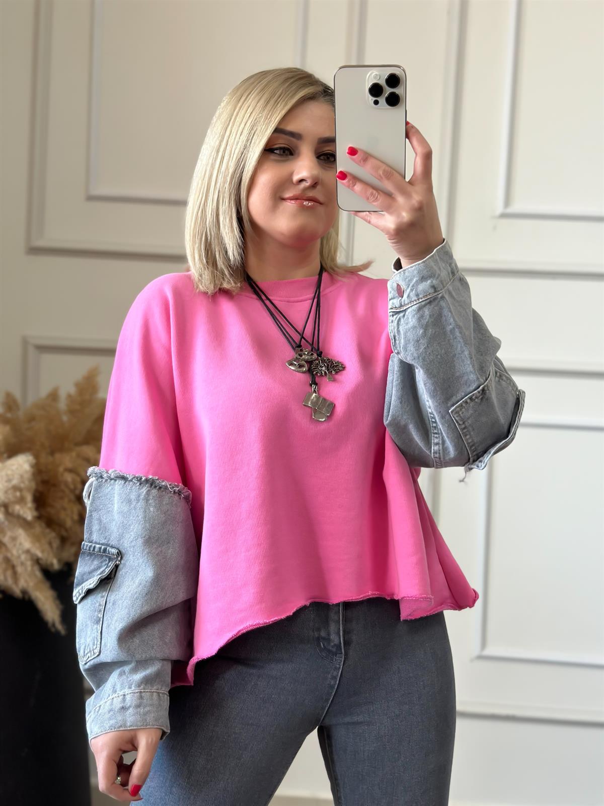 Kolları Kot Detaylı Sweatshirt PEMBE