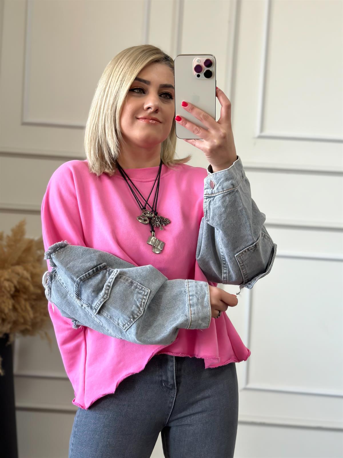 Kolları Kot Detaylı Sweatshirt PEMBE