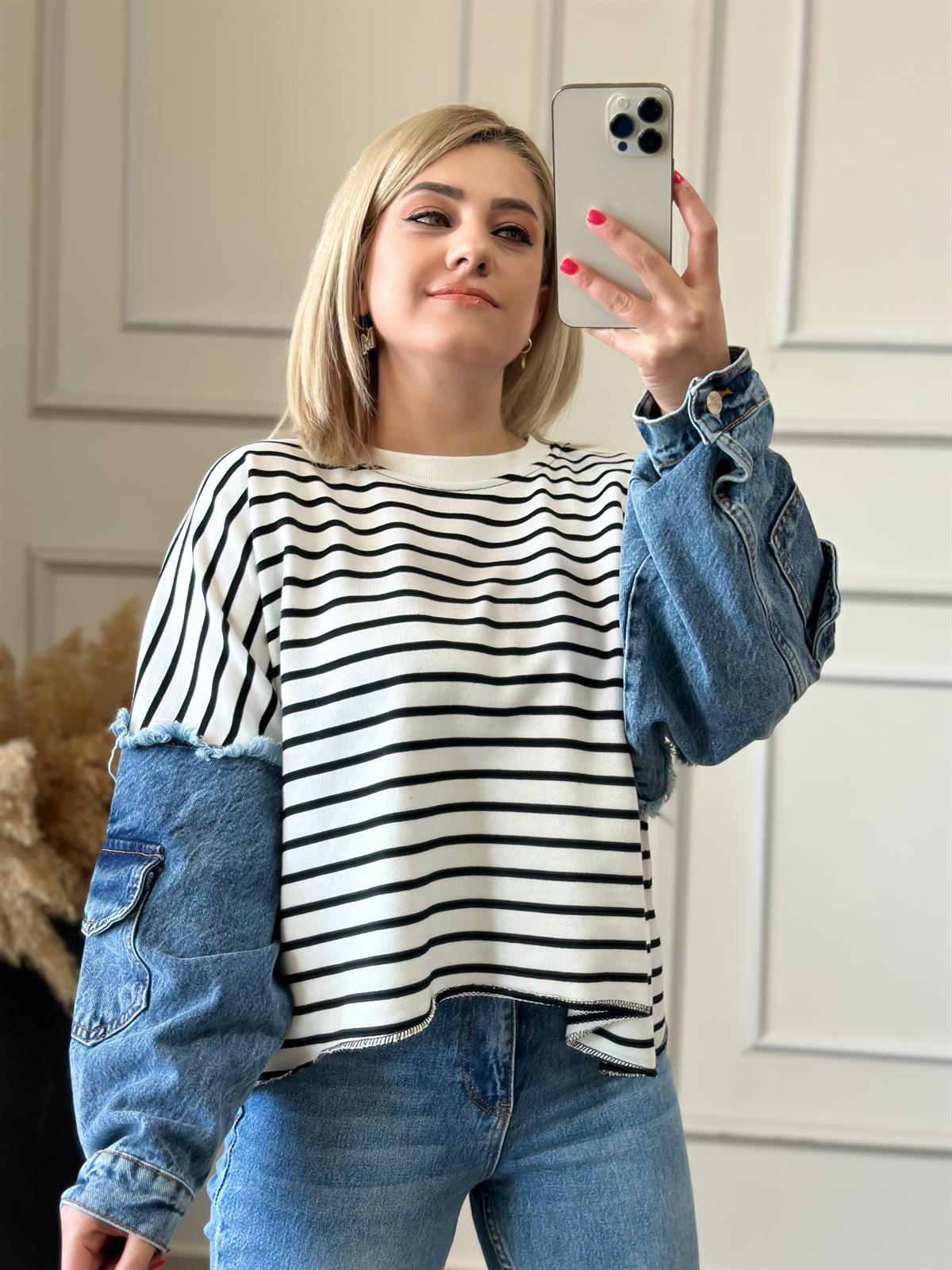 Kolları Kot Detaylı Sweatshirt SİYAH BEYAZ
