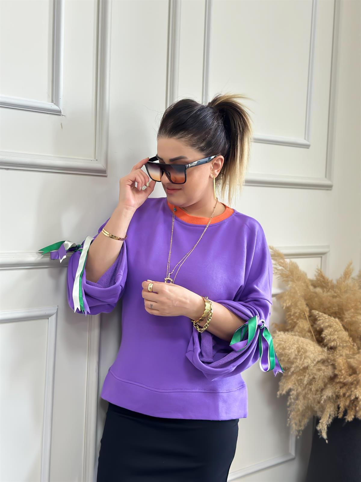 Kolları Renkli Kurdele Detaylı Sweatshırt MOR