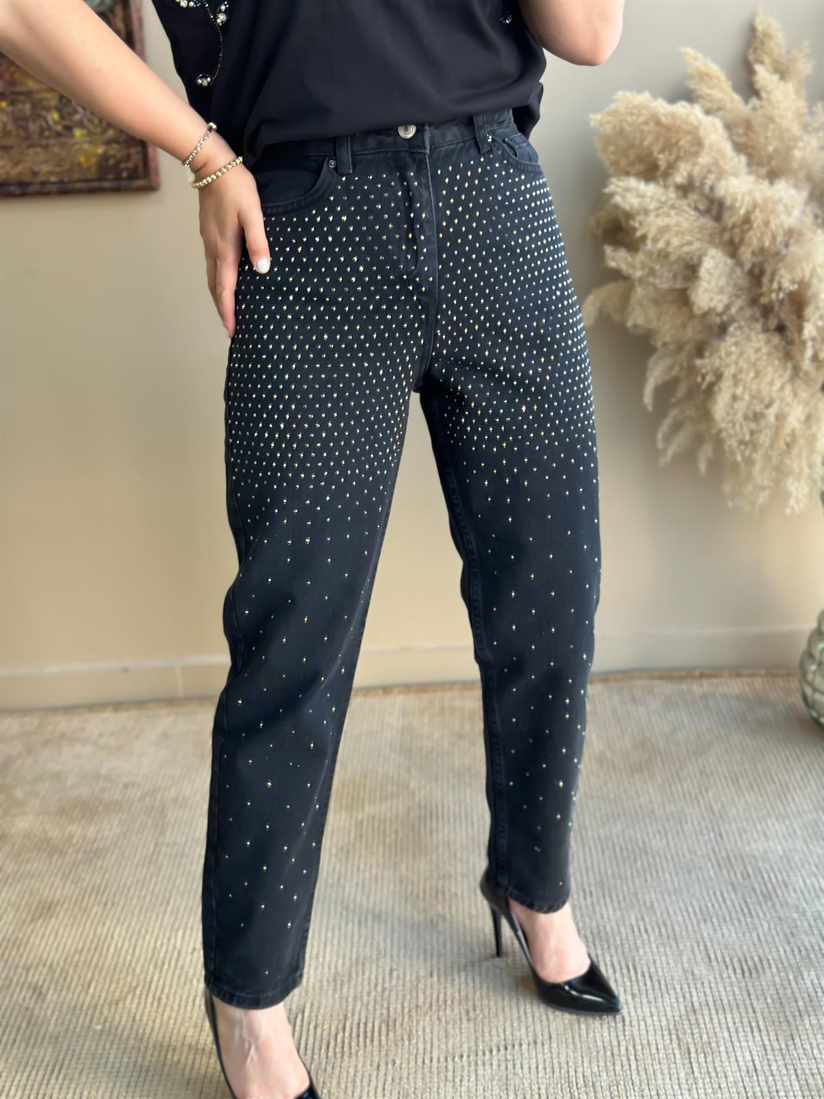 Komle Taş İşlemeli Kot Pantolon FÜME