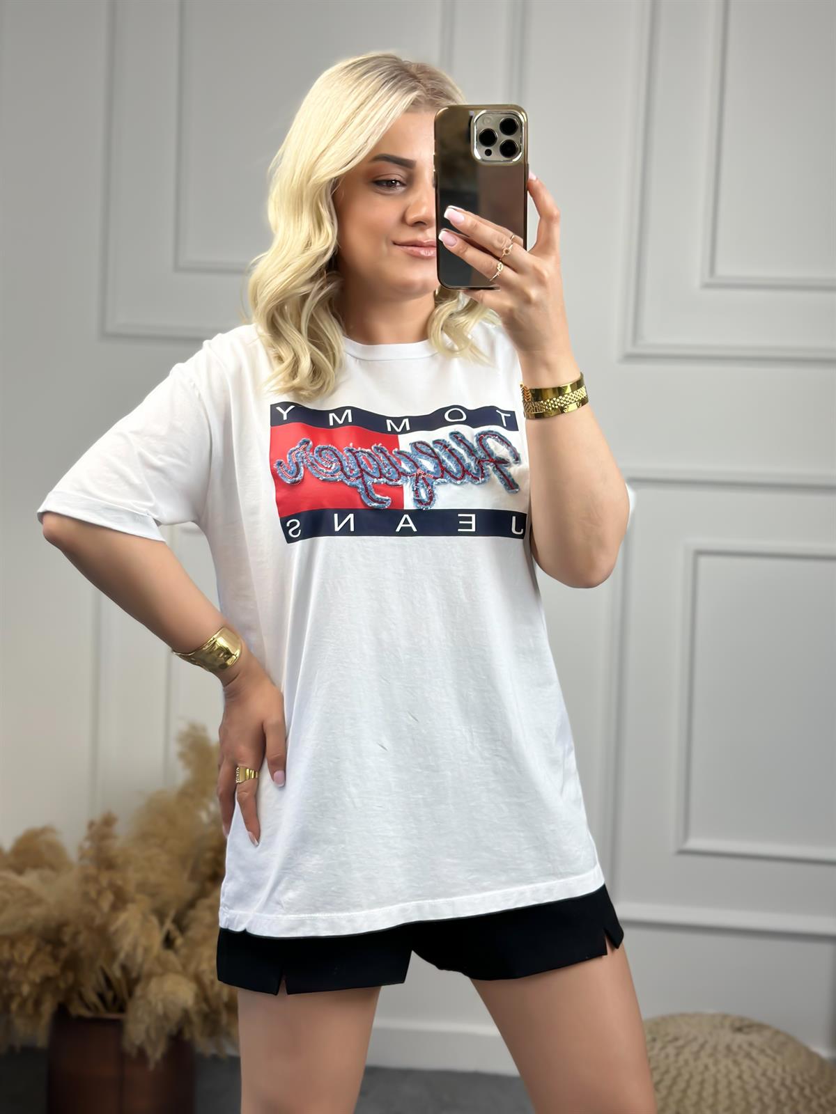 Kot Detaylı Tshirt BEYAZ
