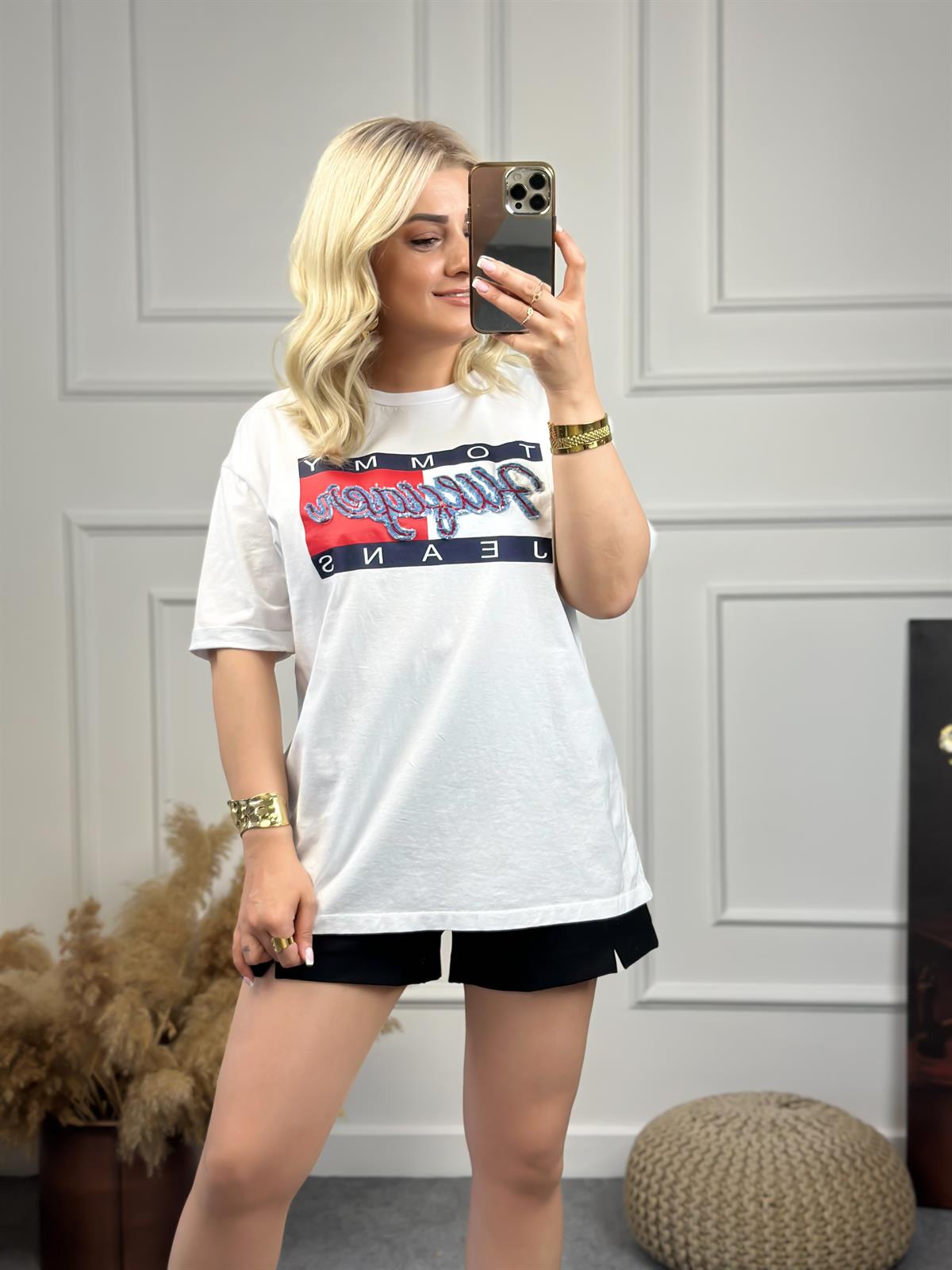 Kot Detaylı Tshirt BEYAZ