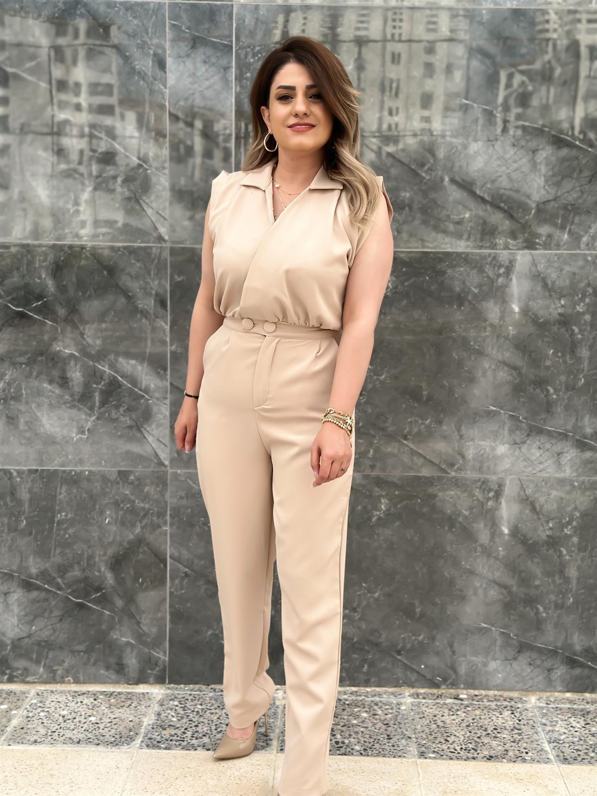 Kruvaze Yaka Beli Düğme Detaylı Omzu Drapeli Tulum BEJ