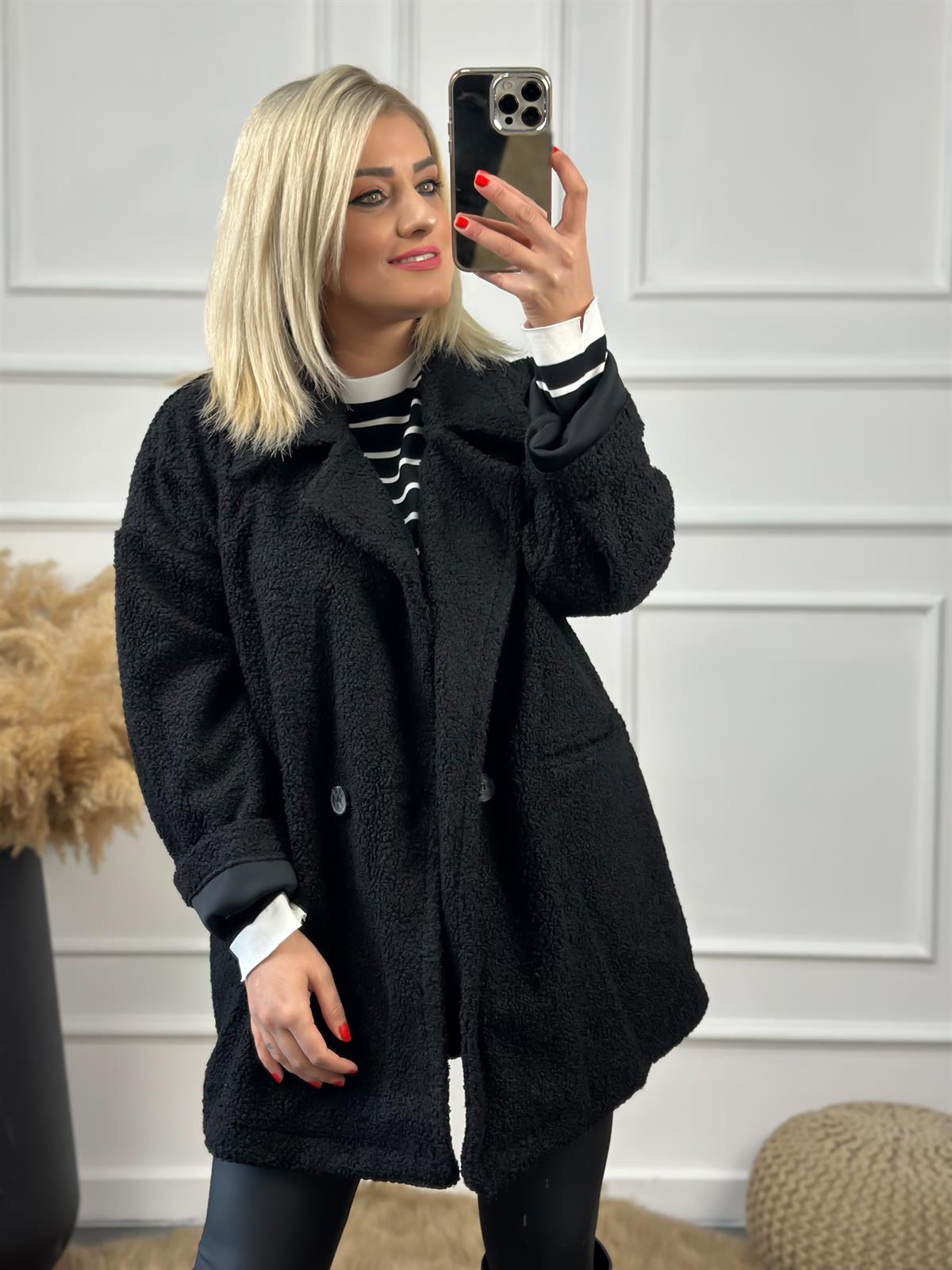 Kruvaze  Yaka Oversize Teddy Kaban SİYAH