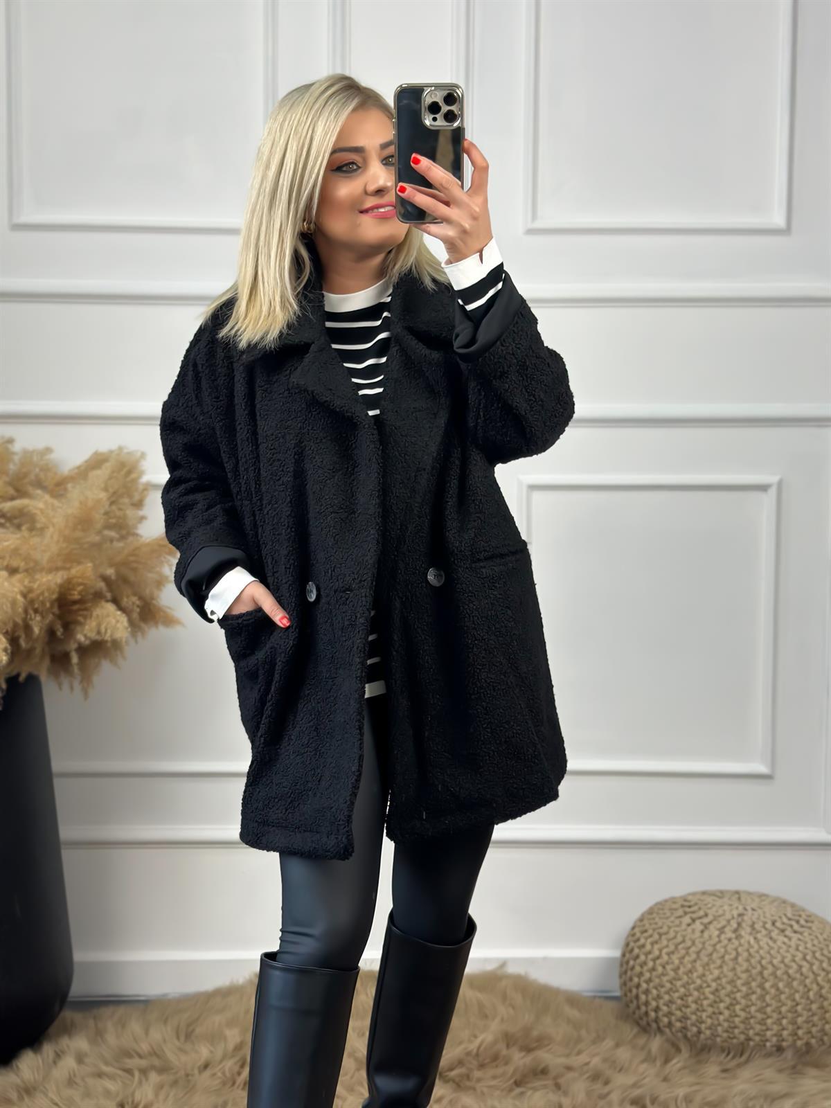 Kruvaze  Yaka Oversize Teddy Kaban SİYAH