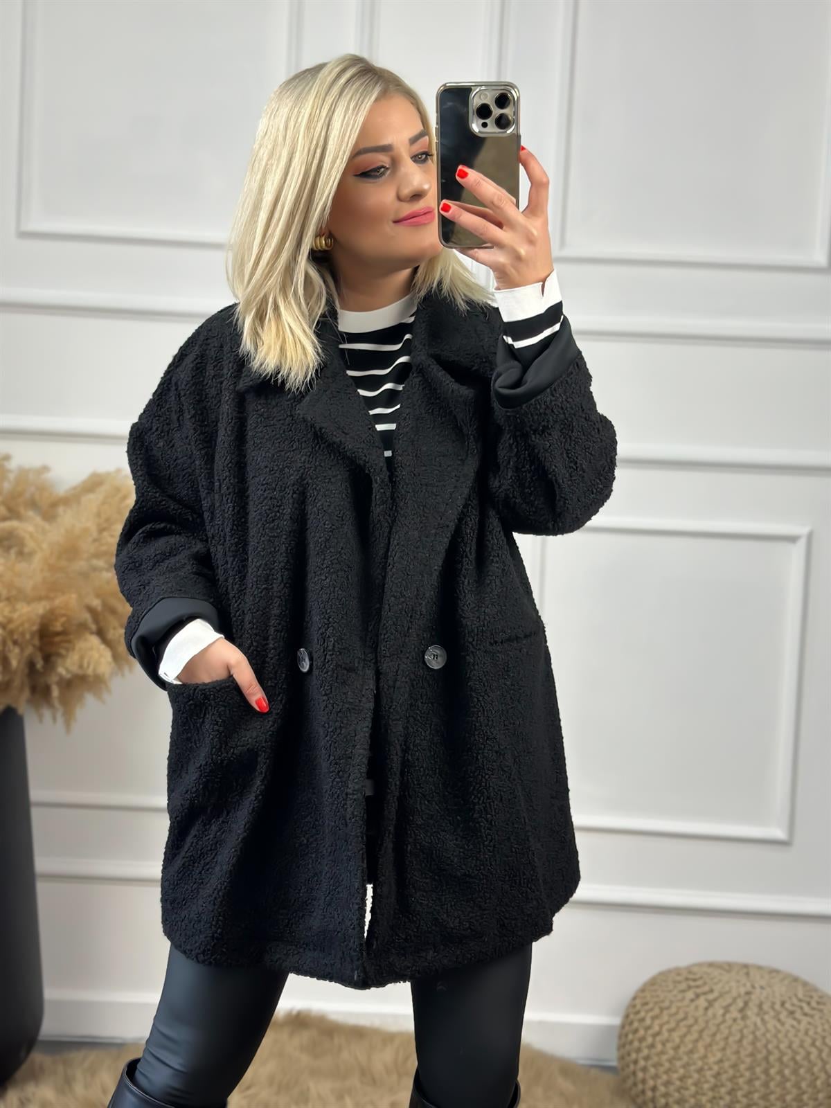 Kruvaze  Yaka Oversize Teddy Kaban SİYAH