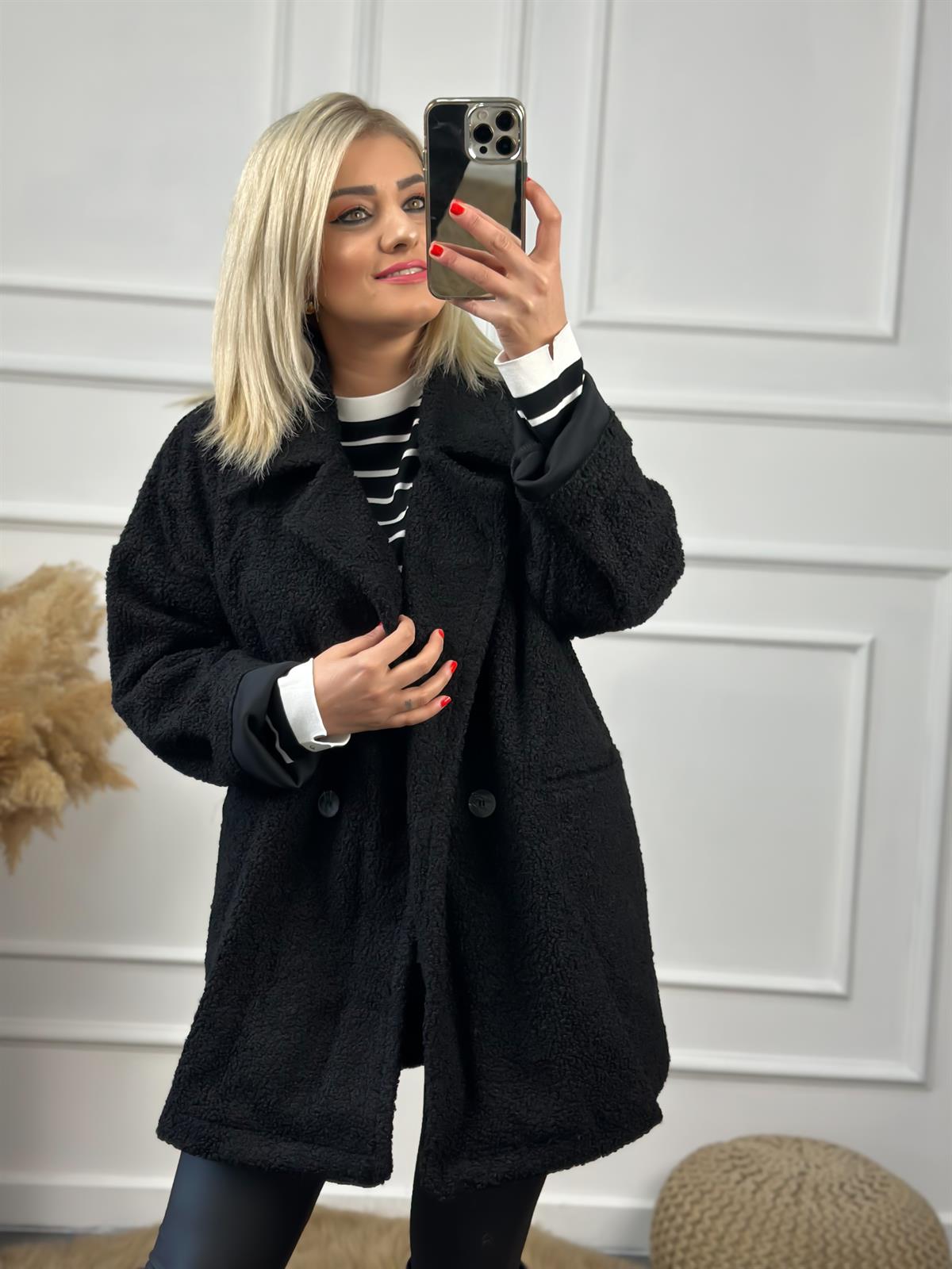 Kruvaze  Yaka Oversize Teddy Kaban SİYAH