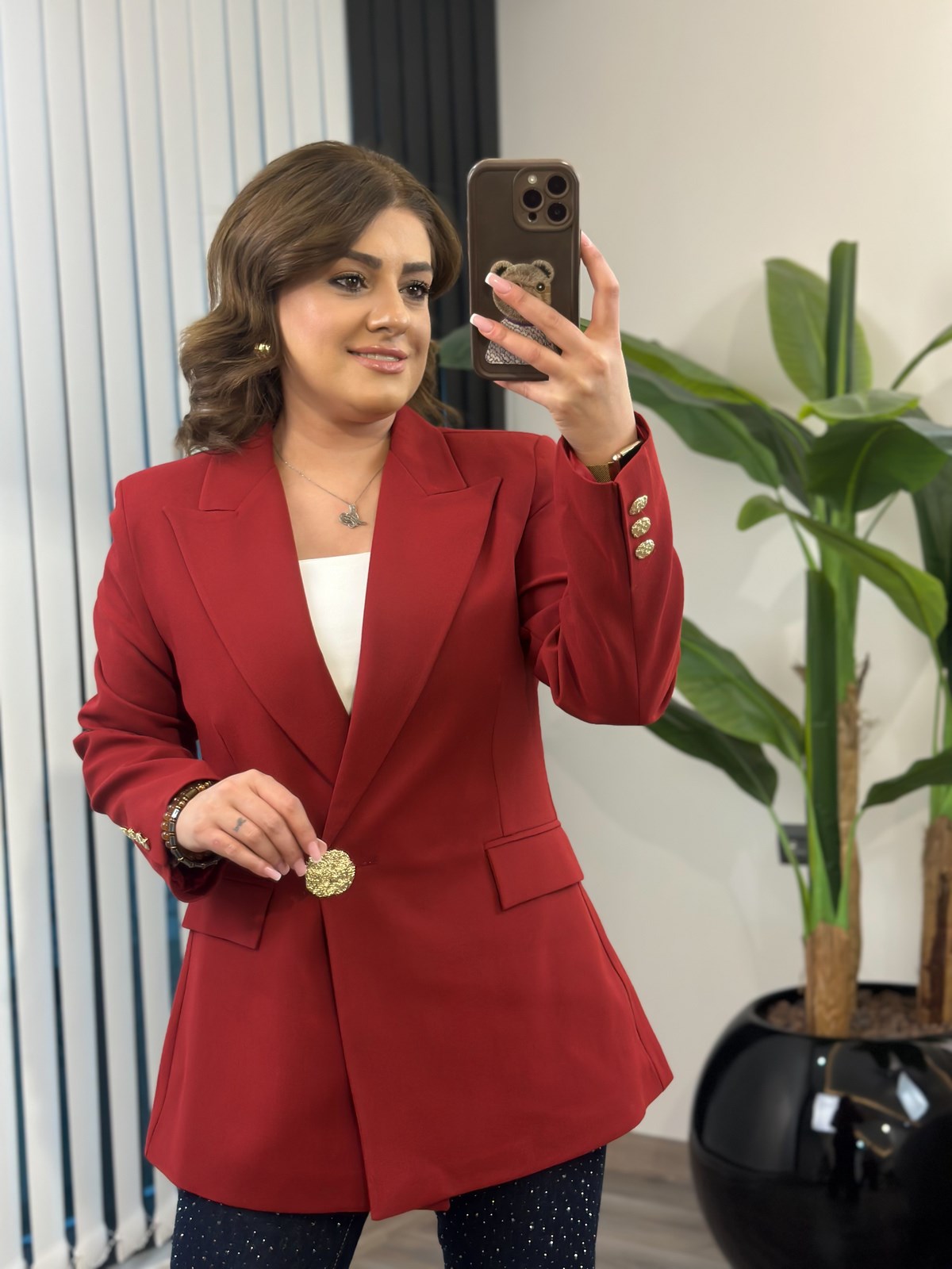Kruvaze Yaka Yan Gold Düğmeli Astarlı Ceket BORDO