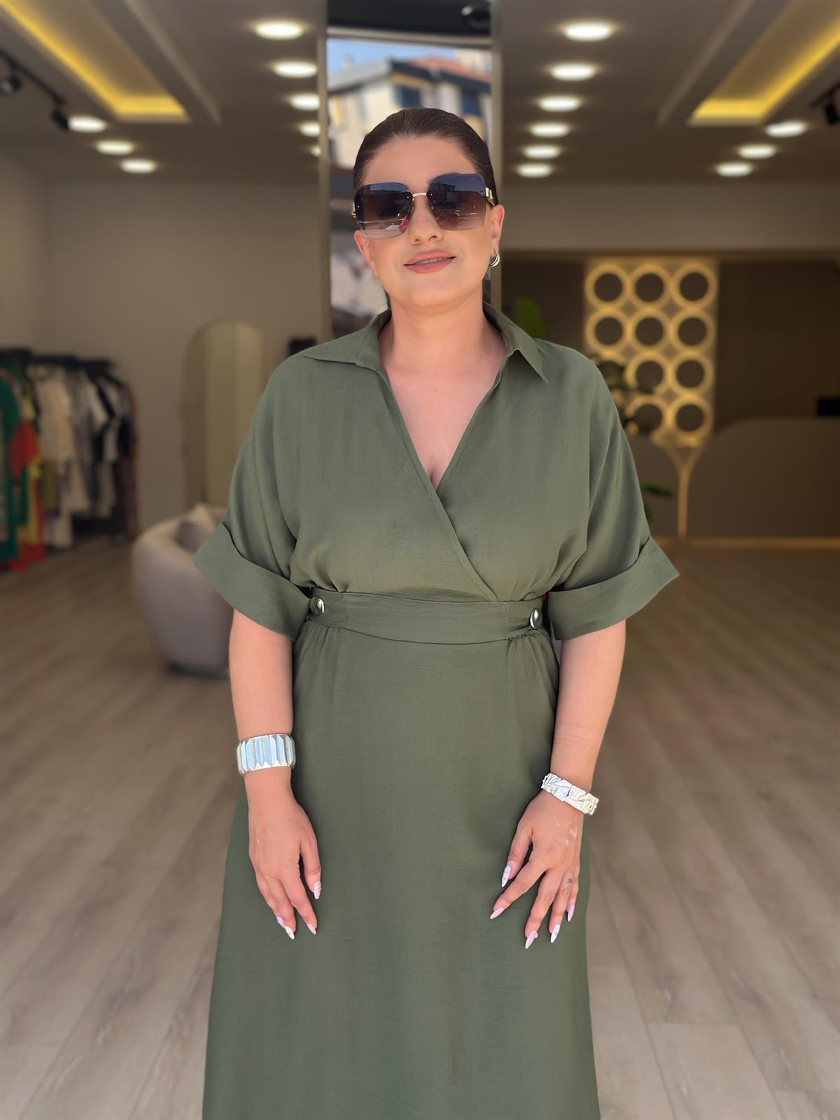 Kruvaze Yaka Yanları Düğme Detaylı Beli Lastikli Elbise HAKİ