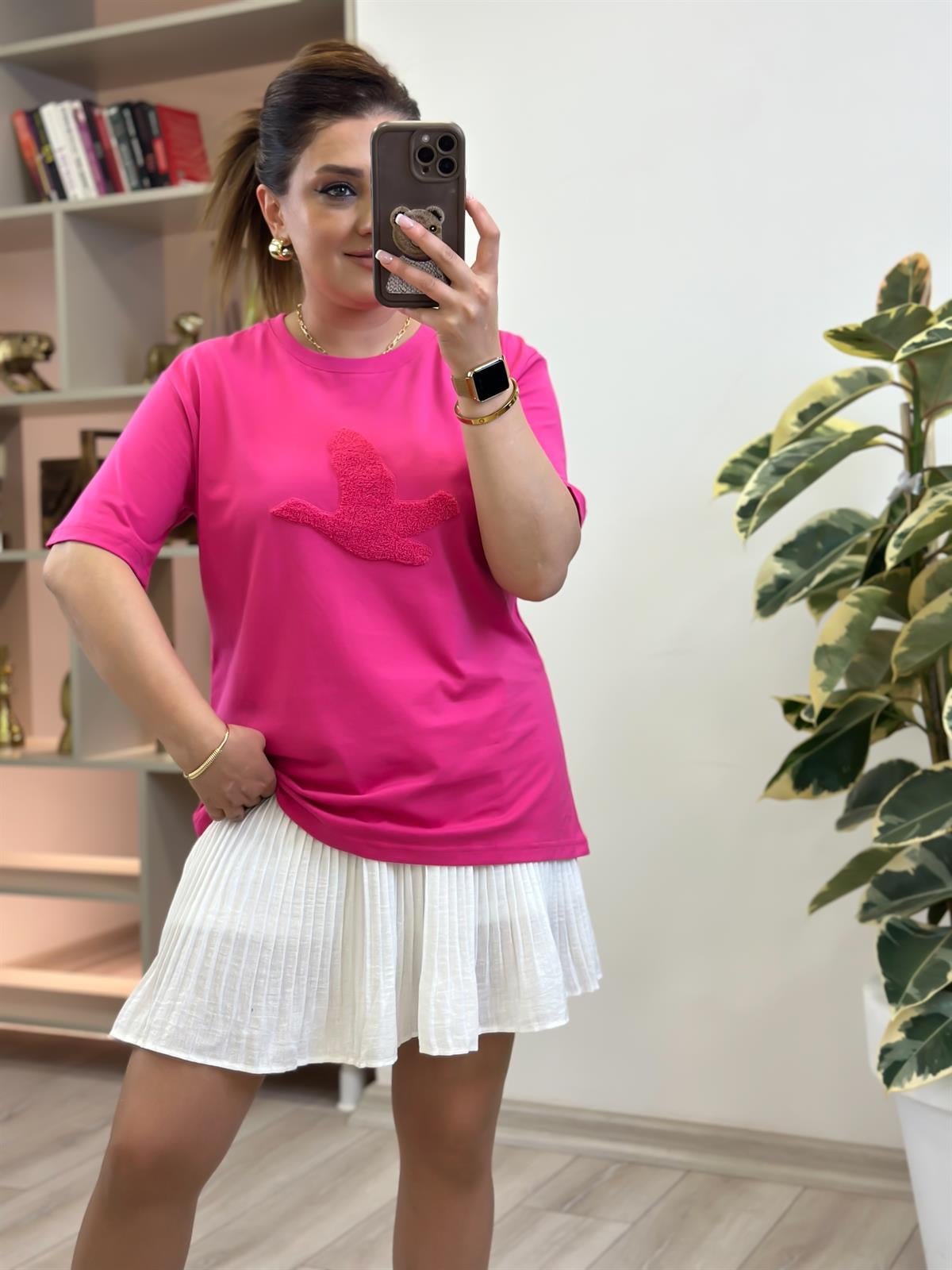 Kuş Kabartma Dokulu Tshirt FUŞYA