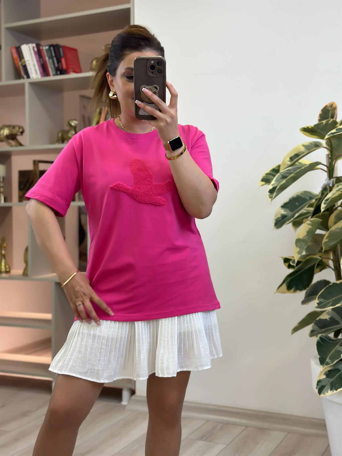 Kuş Kabartma Dokulu Tshirt FUŞYA