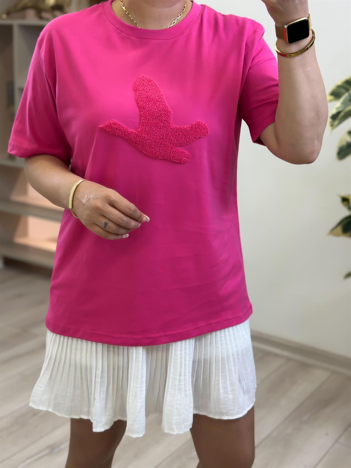 Kuş Kabartma Dokulu Tshirt FUŞYA